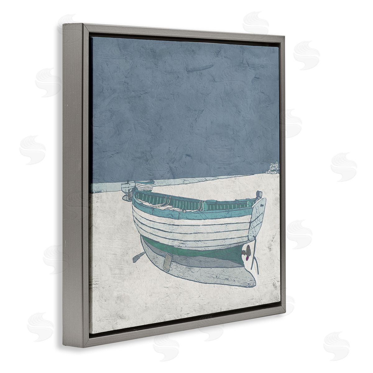 Ynon Mabat Rustic Boat on Sand Monochromatic Nautical Beach City Gray Floating Frame Canvas Wall Art Print