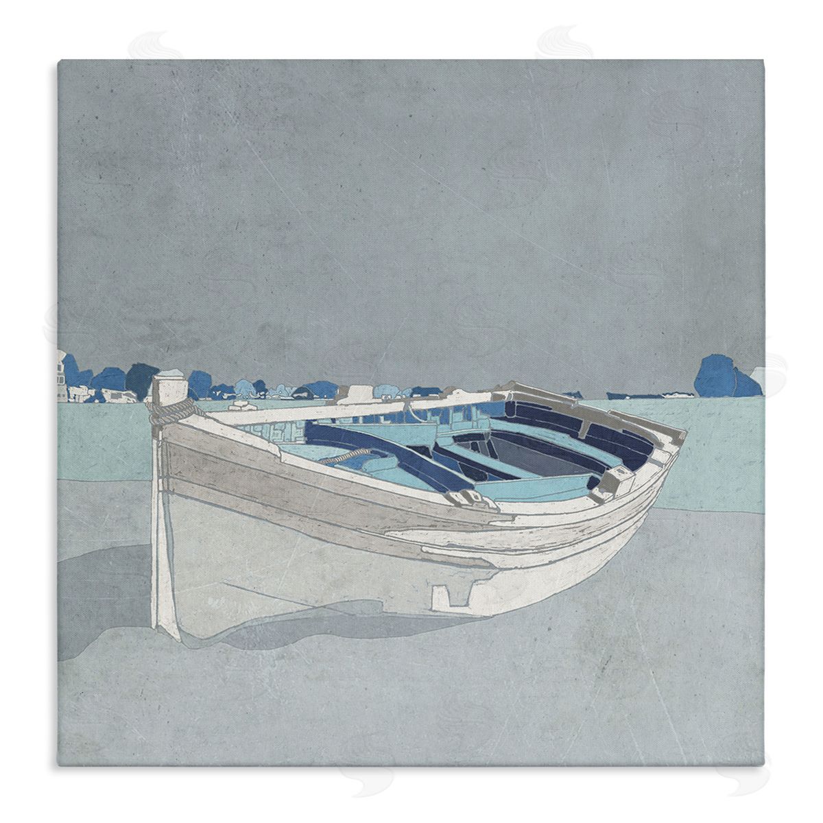 Ynon Mabat Beached Row Boat Monochromatic Blue Nautical Town Stretched Canvas Wall Art Print