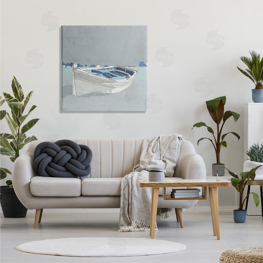 Ynon Mabat Beached Row Boat Monochromatic Blue Nautical Town Canvas Wall Art in Room