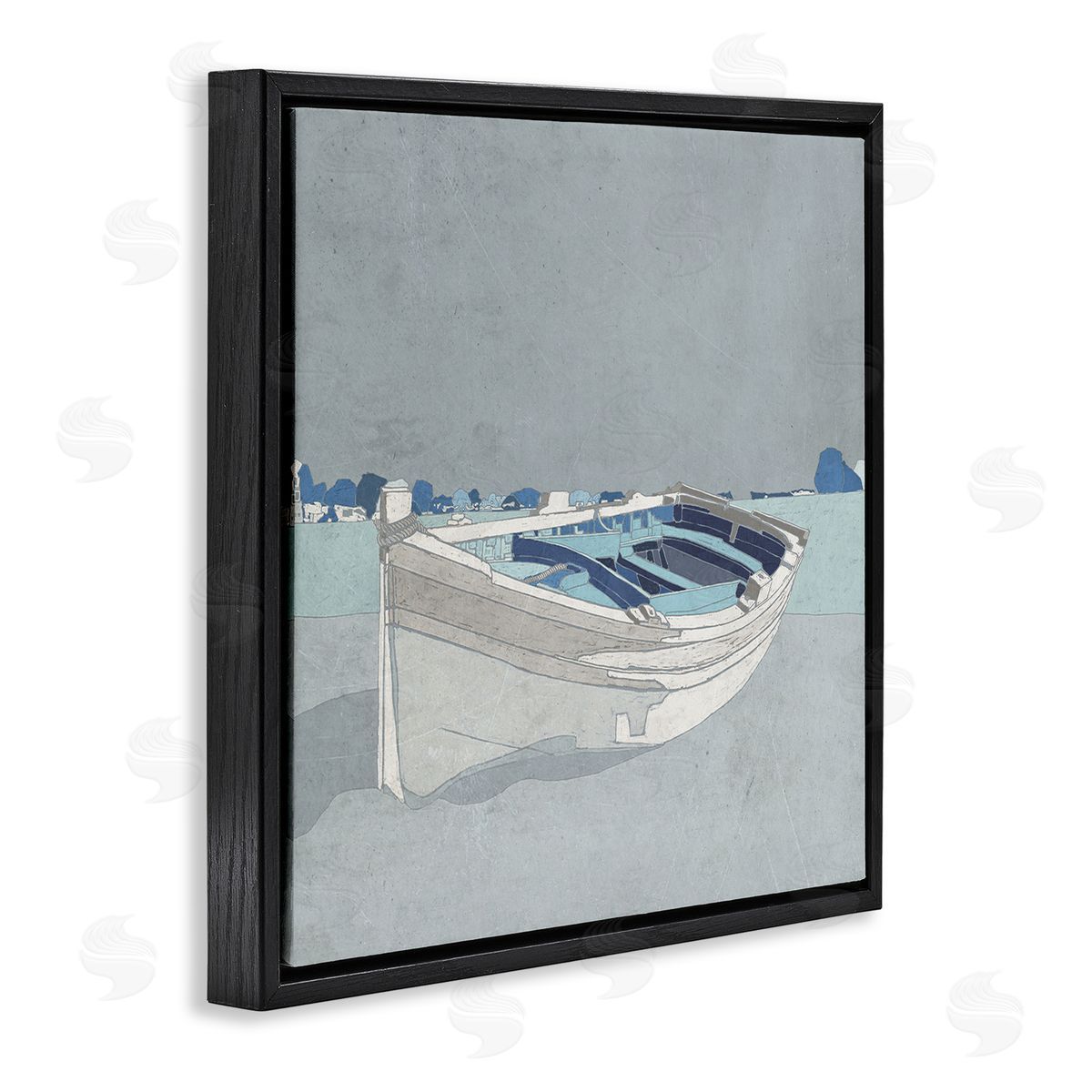 Ynon Mabat Beached Row Boat Monochromatic Blue Nautical Town Black Floating Frame Canvas Wall Art Print