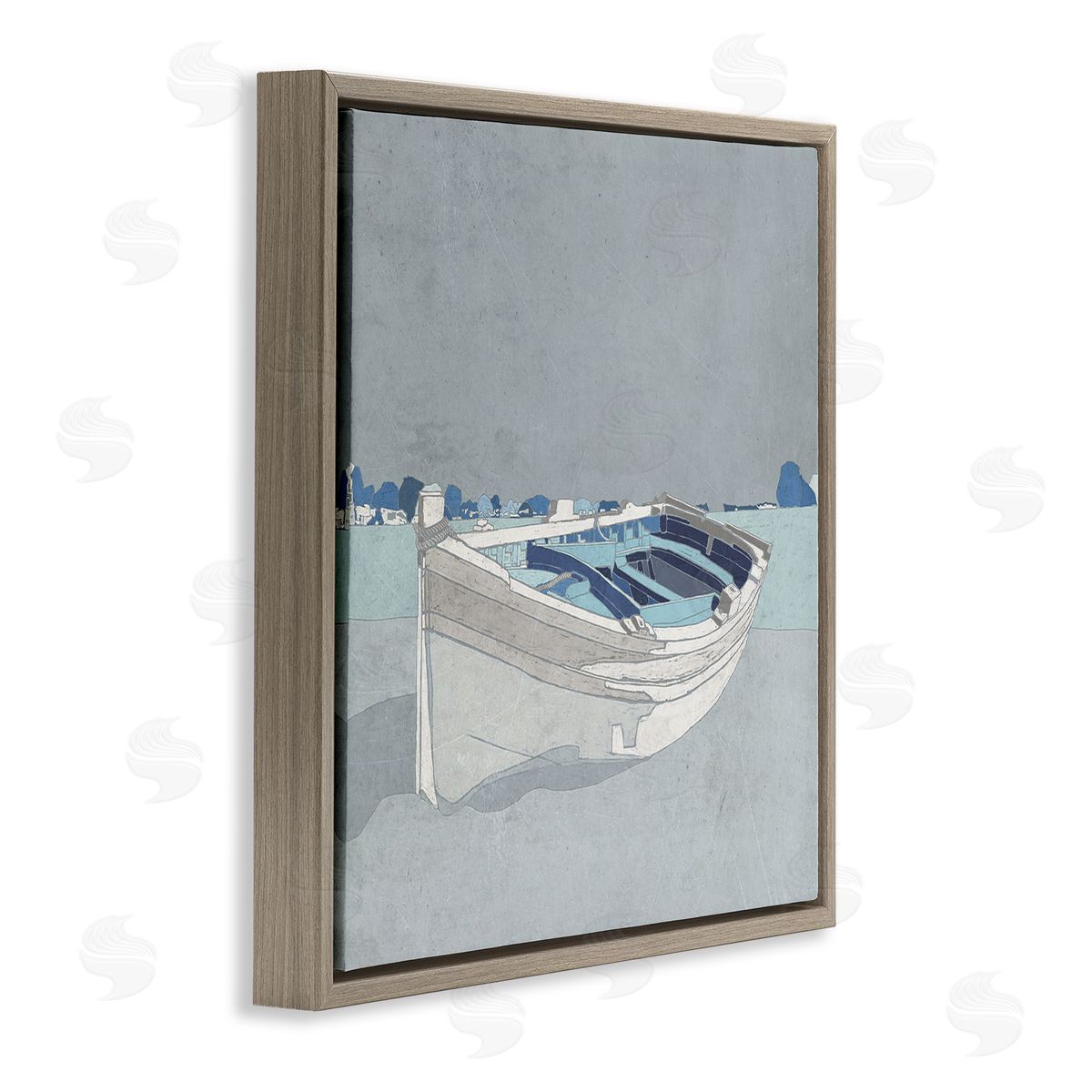 Ynon Mabat Beached Row Boat Monochromatic Blue Nautical Town Brown Floating Frame Canvas Wall Art Print