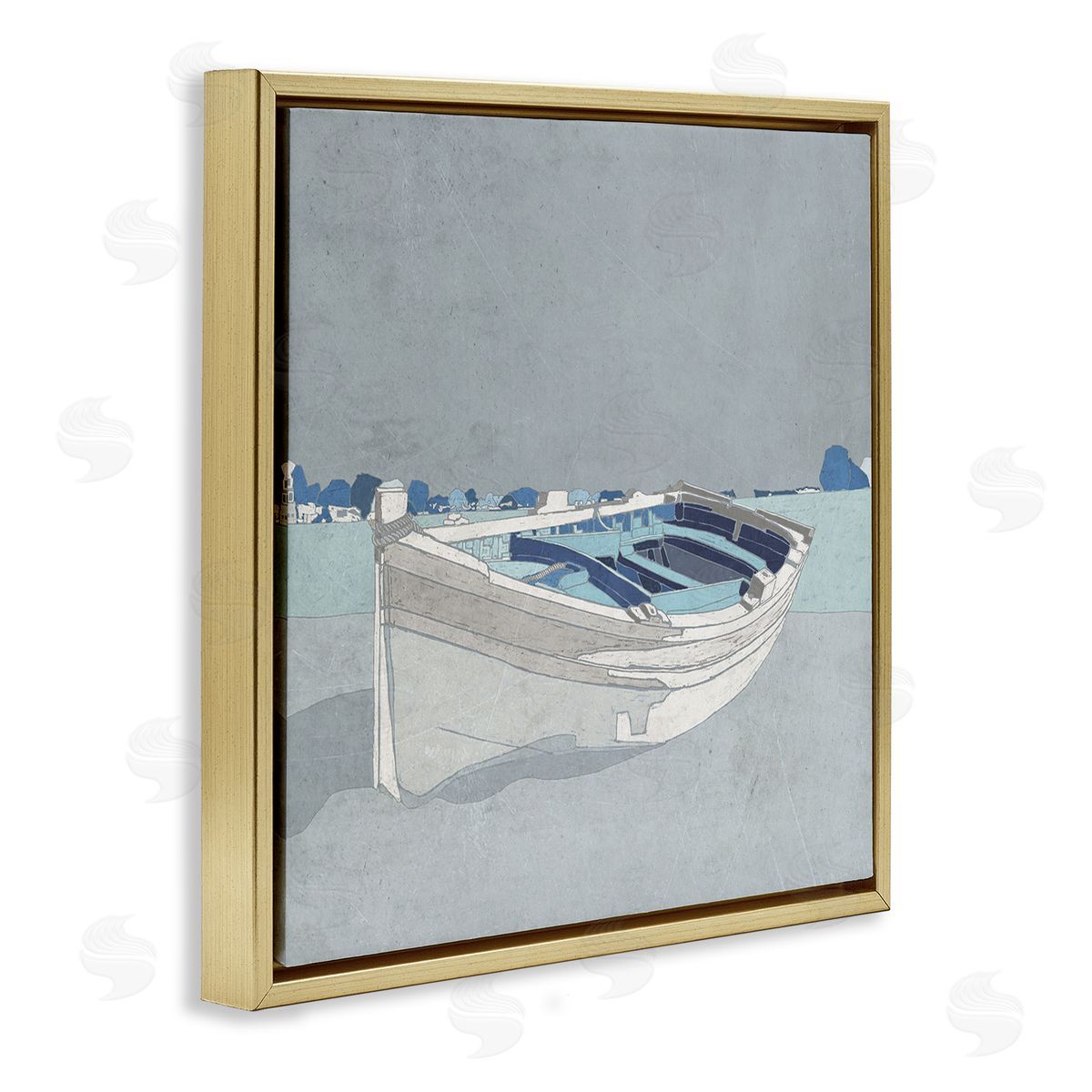 Ynon Mabat Beached Row Boat Monochromatic Blue Nautical Town Gold Floating Frame Canvas Wall Art Print