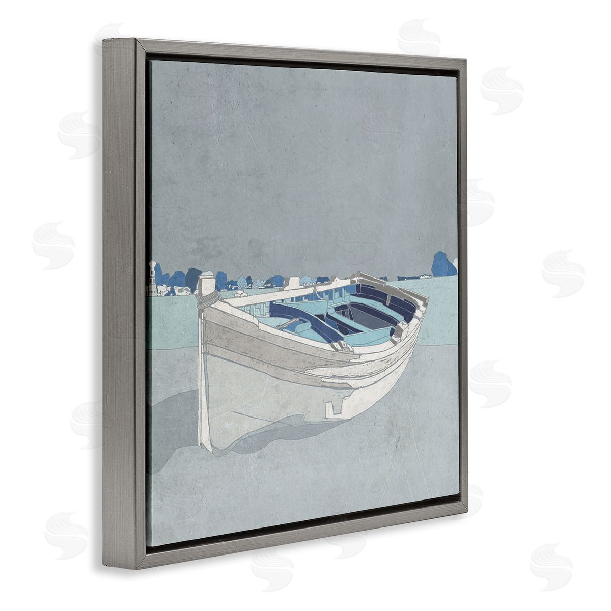 Ynon Mabat Beached Row Boat Monochromatic Blue Nautical Town Gray Floating Frame Canvas Wall Art Print