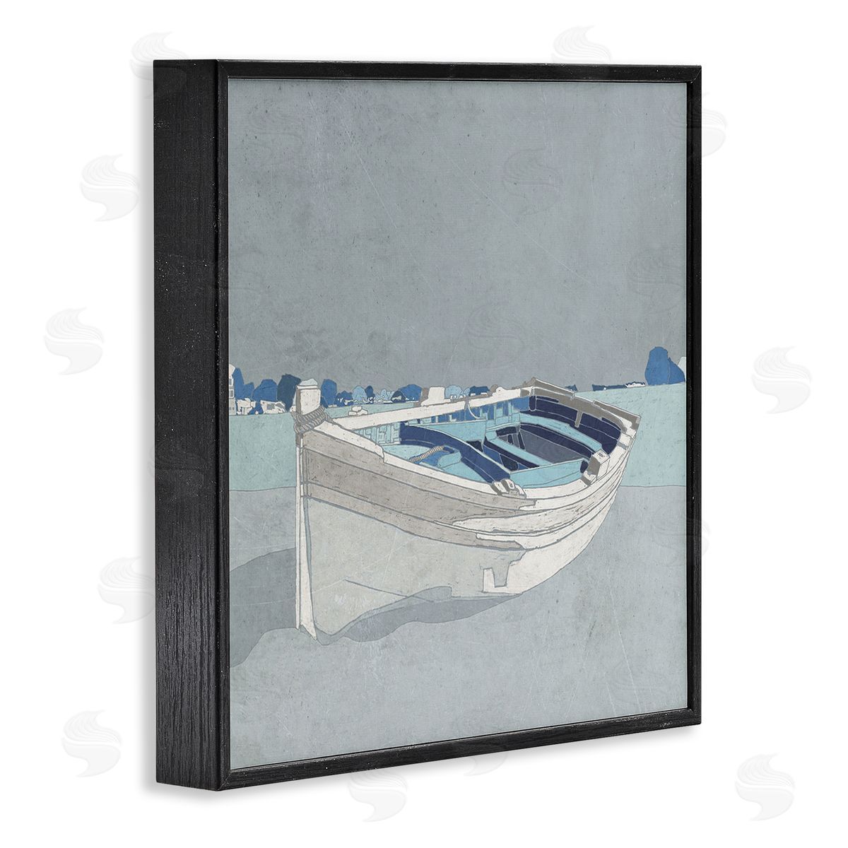 Ynon Mabat Beached Row Boat Monochromatic Blue Nautical Town Black Framed Glicee Wall Art Print