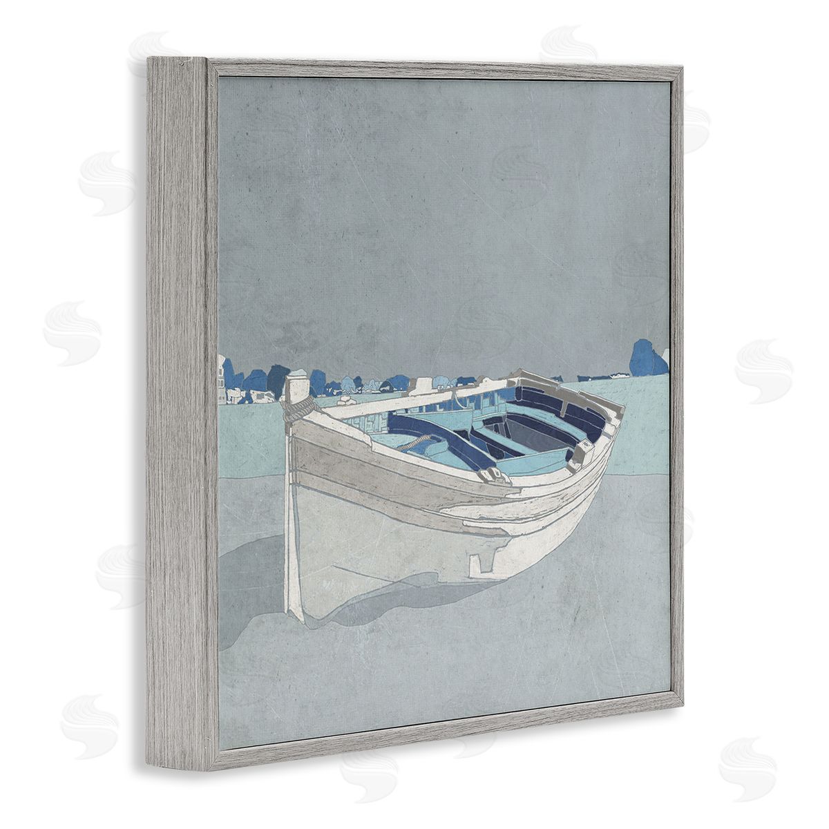 Ynon Mabat Beached Row Boat Monochromatic Blue Nautical Town Gray Framed Glicee Wall Art Print