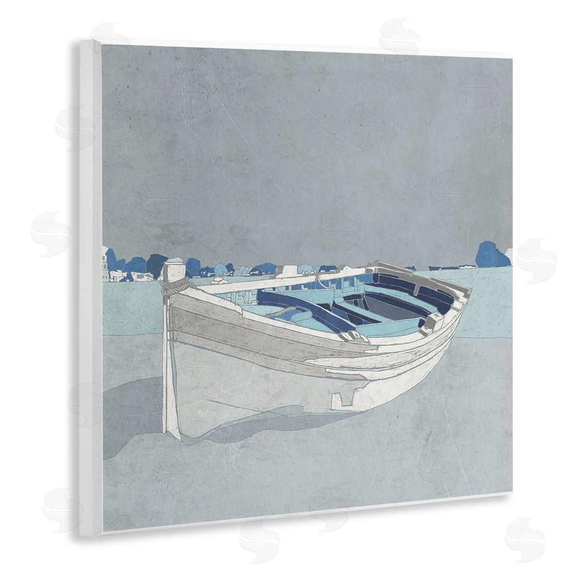 Ynon Mabat Beached Row Boat Monochromatic Blue Nautical Town Wooden Wall Plaque Art Print