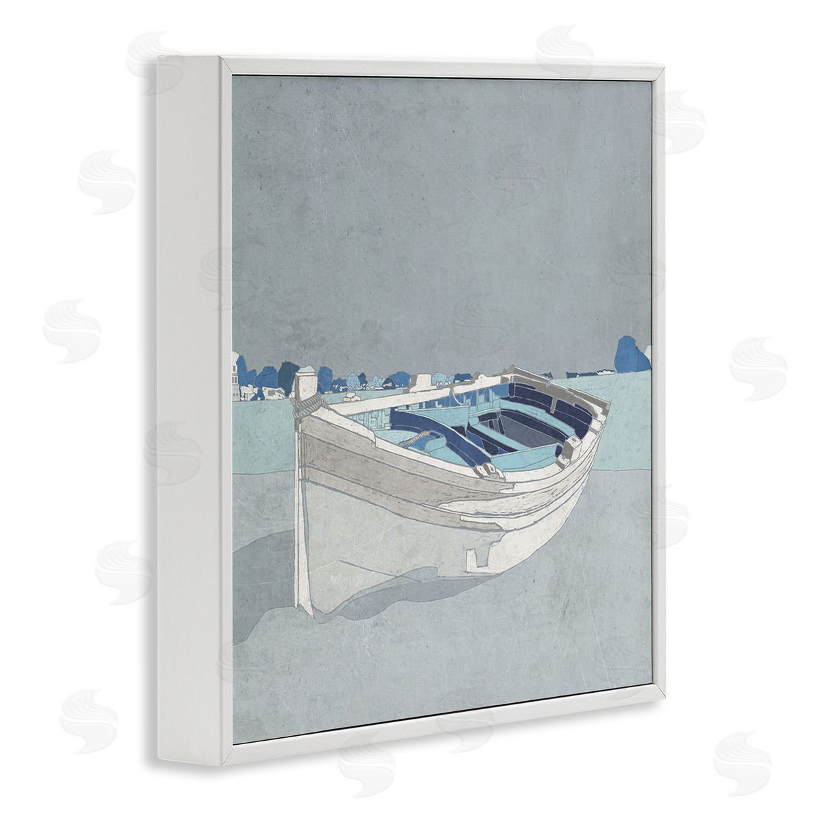 Ynon Mabat Beached Row Boat Monochromatic Blue Nautical Town White Framed Glicee Wall Art Print