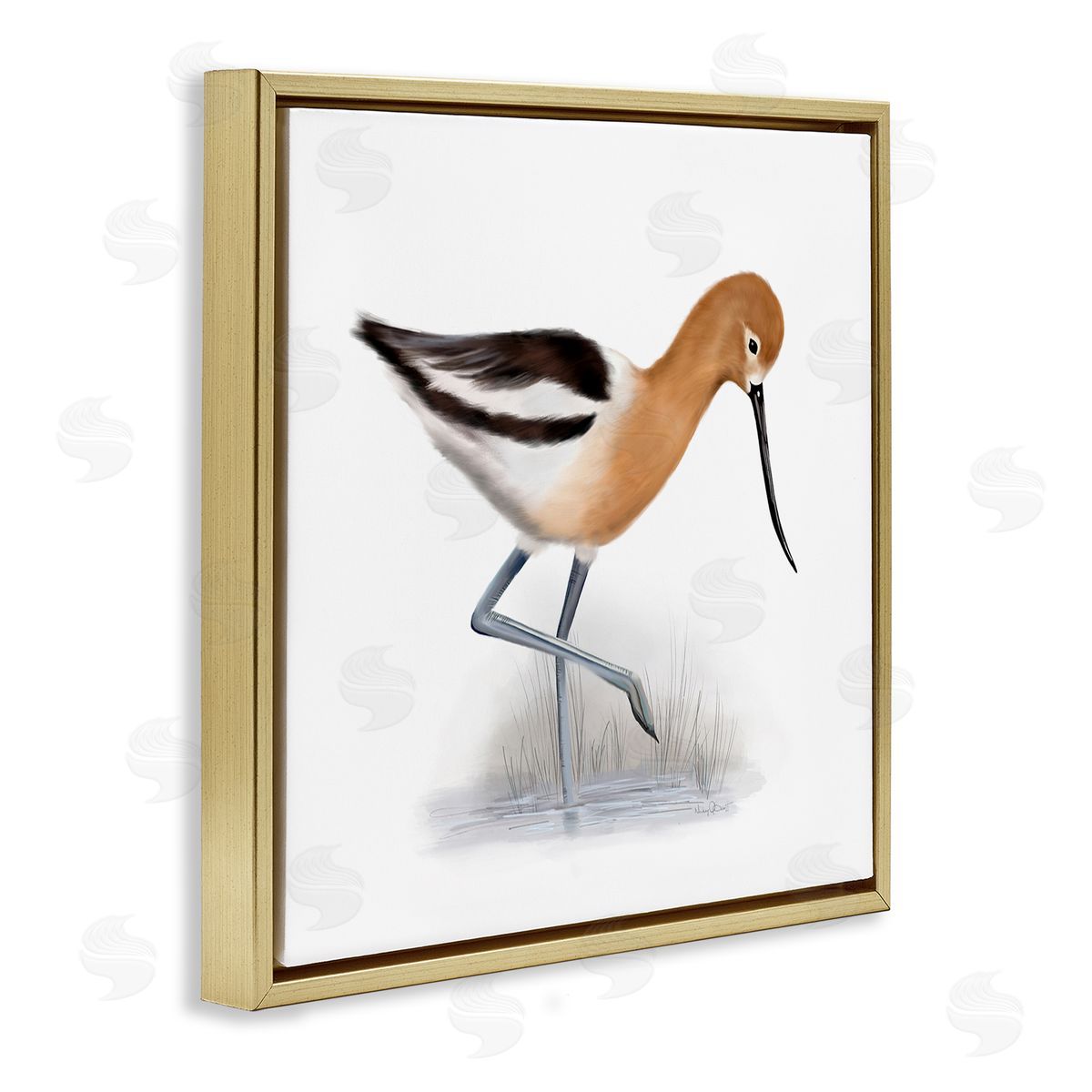 Studio Q Orange Feathered Avocet Wetland Bird Long Beak Gold Floating Frame Canvas Wall Art Print