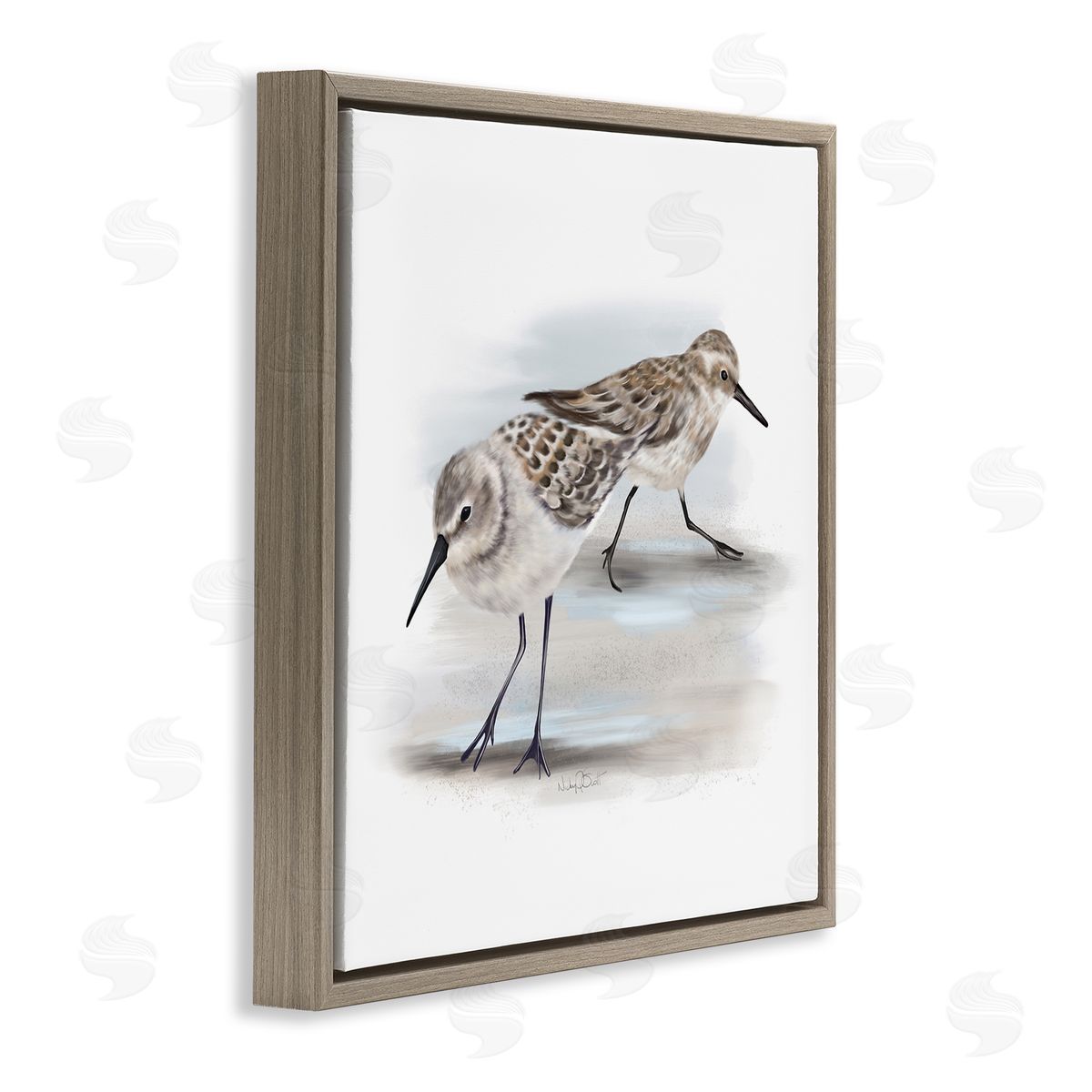 Sandpiper Pair on Sandy Beach Brown Floating Frame Canvas Wall Art, Home Decor by Studio Q