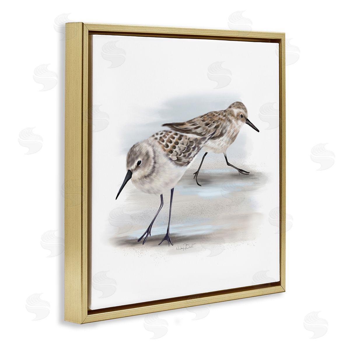 Sandpiper Pair on Sandy Beach Gold Floating Frame Canvas Wall Art, Home Decor by Studio Q