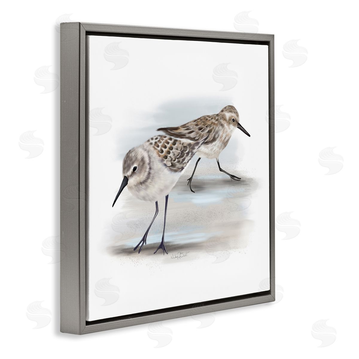 Sandpiper Pair on Sandy Beach Grey Floating Frame Canvas Wall Art, Home Decor by Studio Q