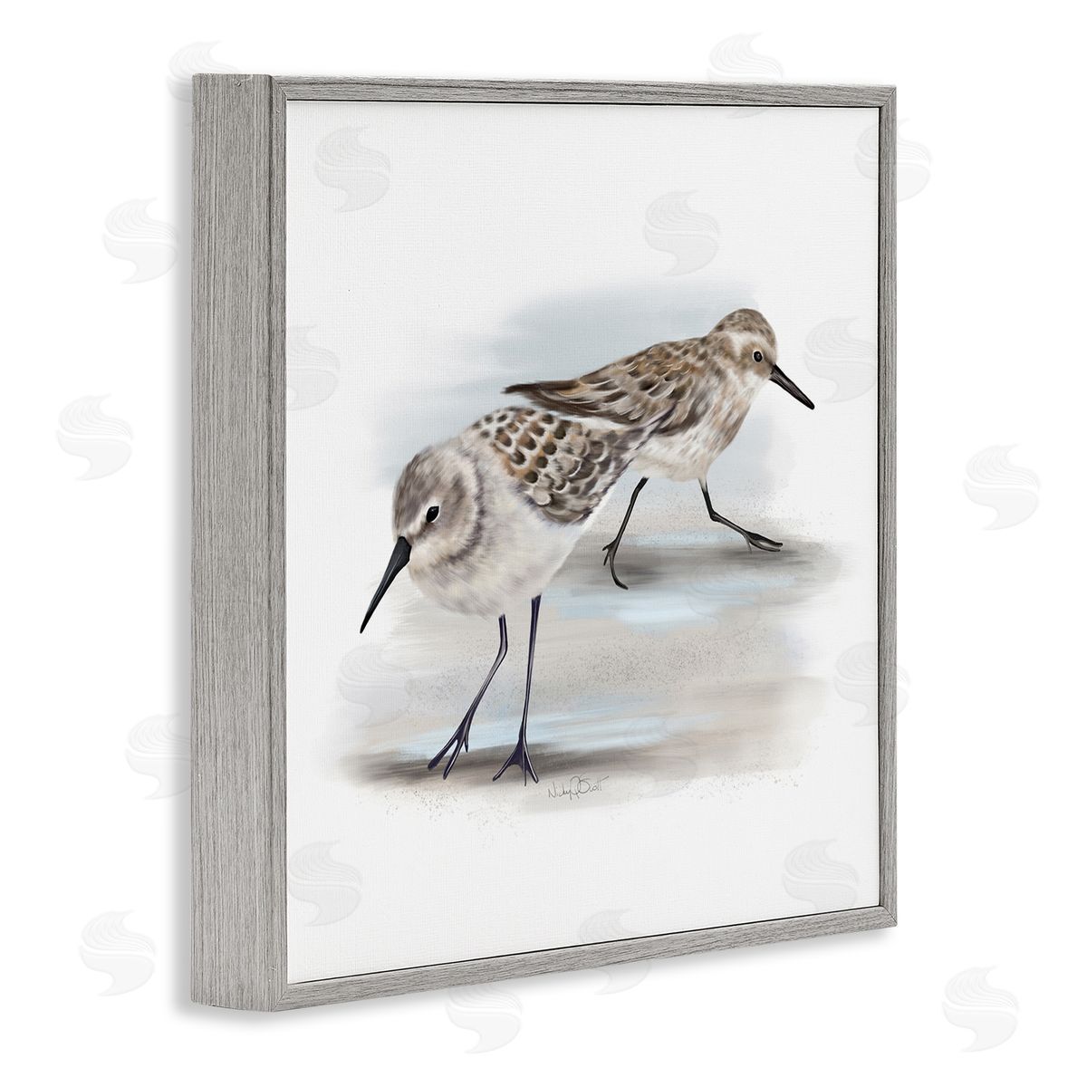 Sandpiper Pair on Sandy Beach Grey Frame Print Wall Art, Home Decor by Studio Q