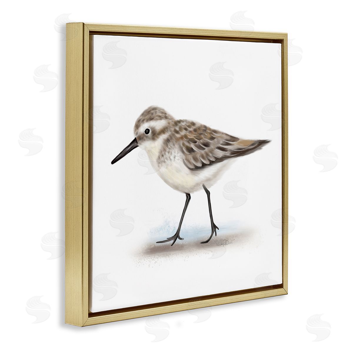 Studio Q Nautical Sandpiper Bird on Sand Speckled Feathers Gold Floating Frame Canvas Wall Art Print