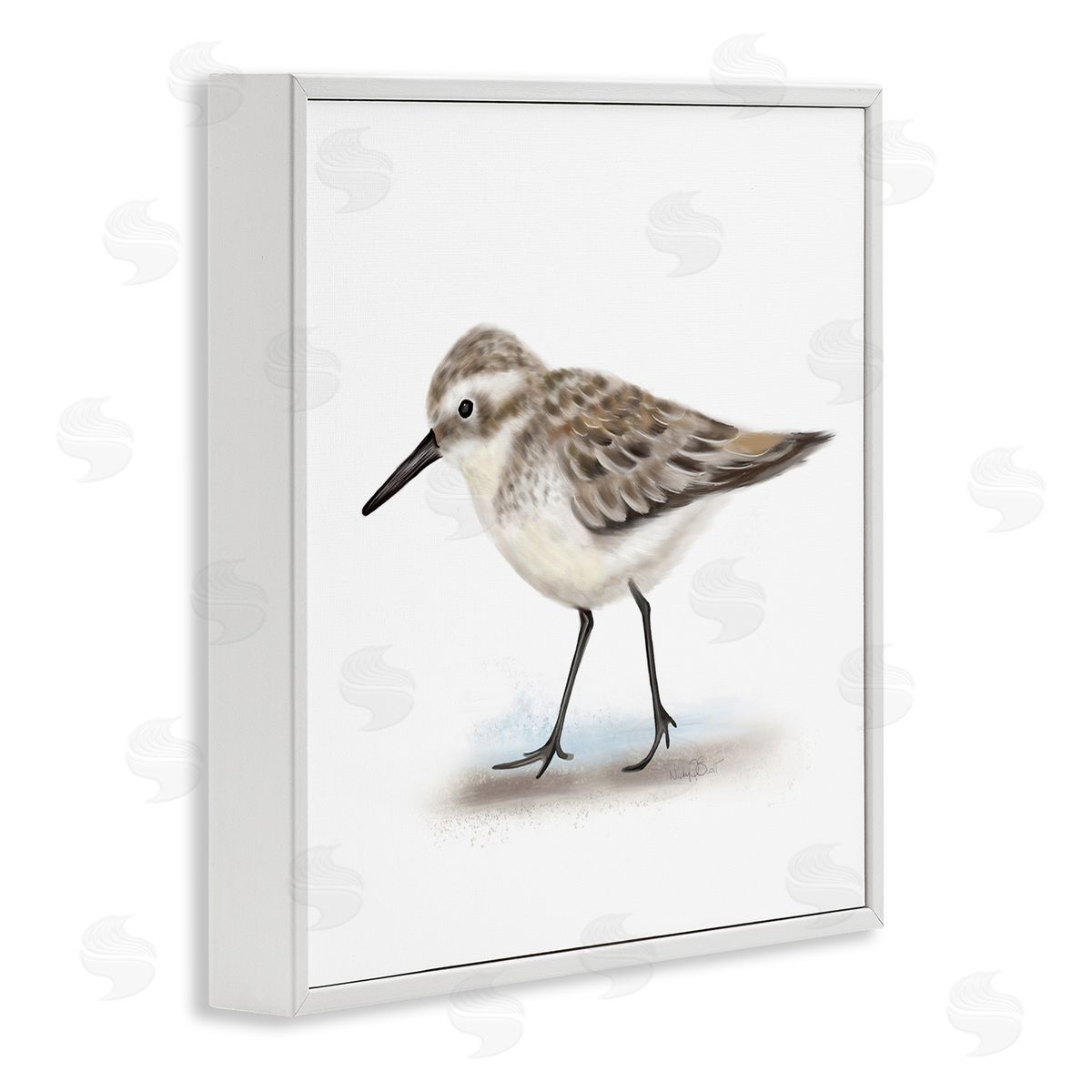 Studio Q Nautical Sandpiper Bird on Sand Speckled Feathers White Framed Glicee Wall Art Print