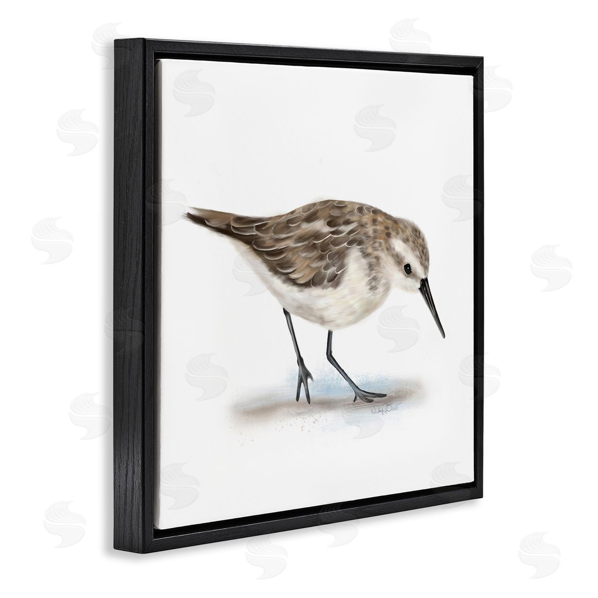 Studio Q Charming Sandpiper on Soft Sand Brown Nautical Bird Black Floating Frame Canvas Wall Art Print