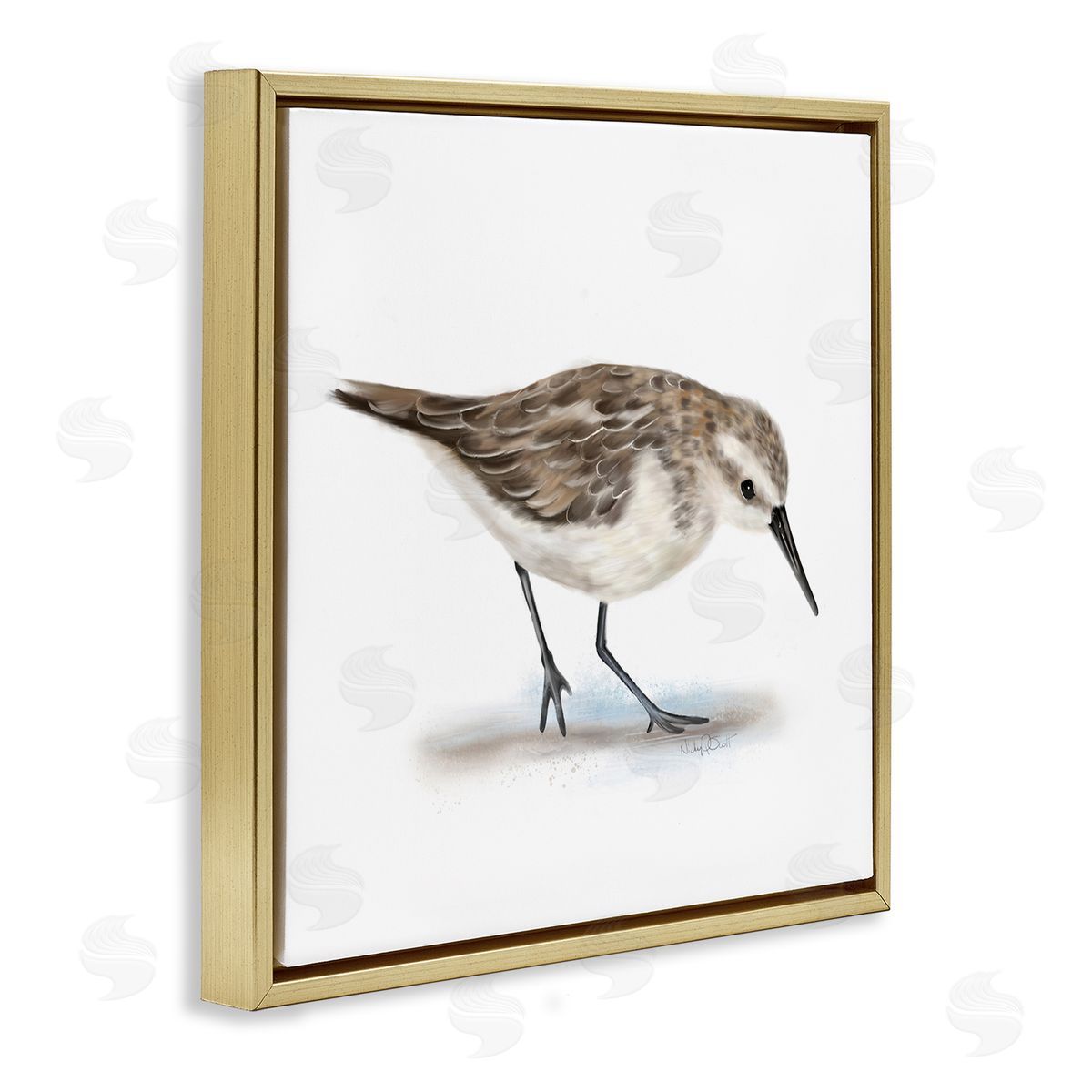 Studio Q Charming Sandpiper on Soft Sand Brown Nautical Bird Gold Floating Frame Canvas Wall Art Print