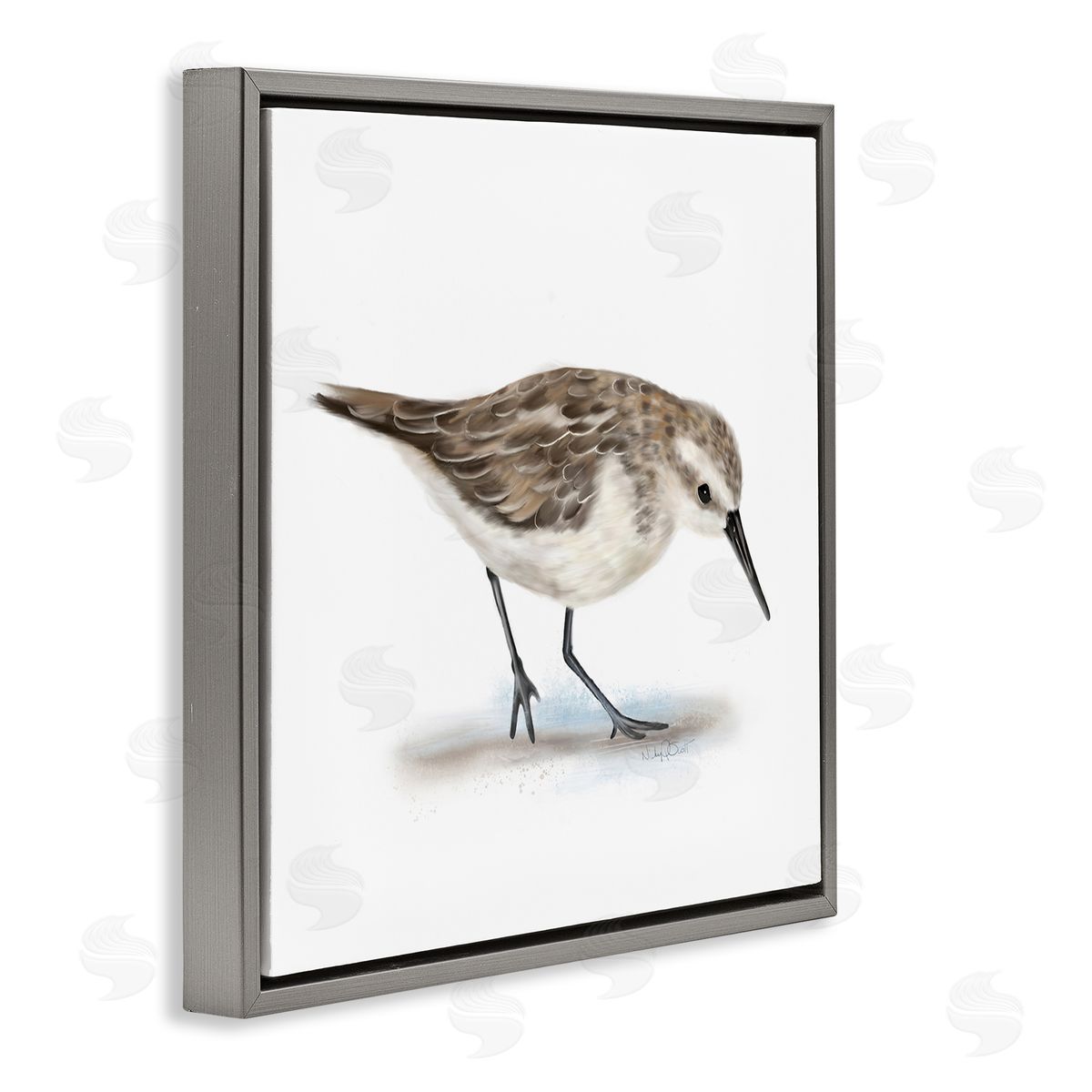Studio Q Charming Sandpiper on Soft Sand Brown Nautical Bird Gray Floating Frame Canvas Wall Art Print