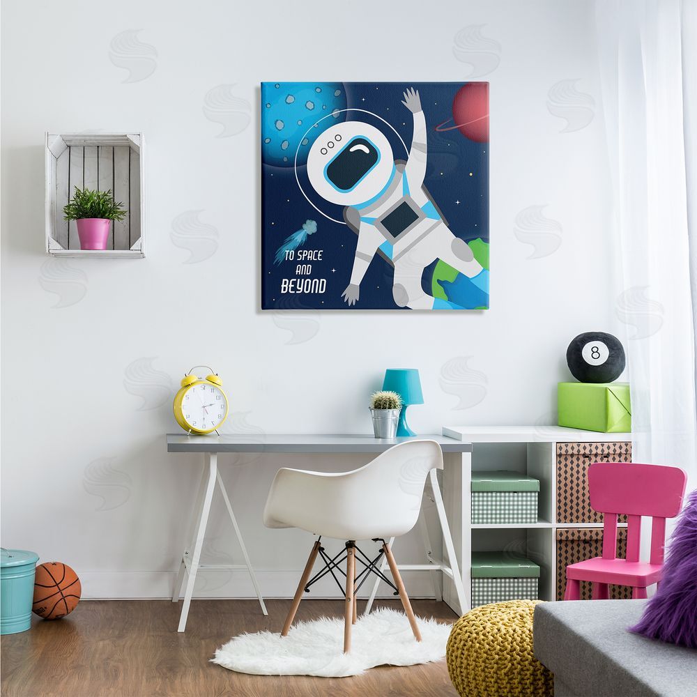 AE Design To Space and Beyond Blue Comet Astronaut Wave Canvas Wall Art in Room