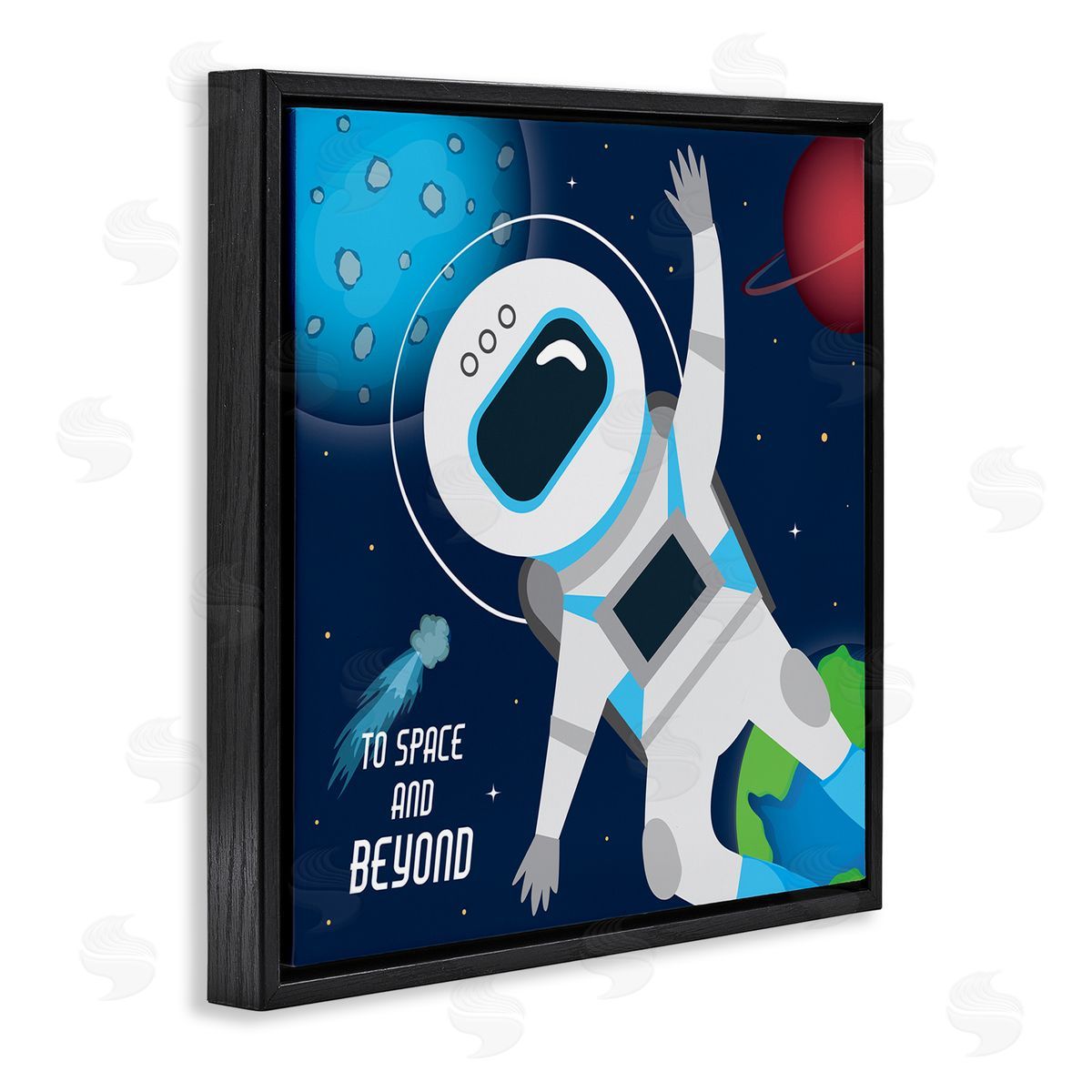 AE Design To Space and Beyond Blue Comet Astronaut Wave Black Floating Frame Canvas Wall Art Print