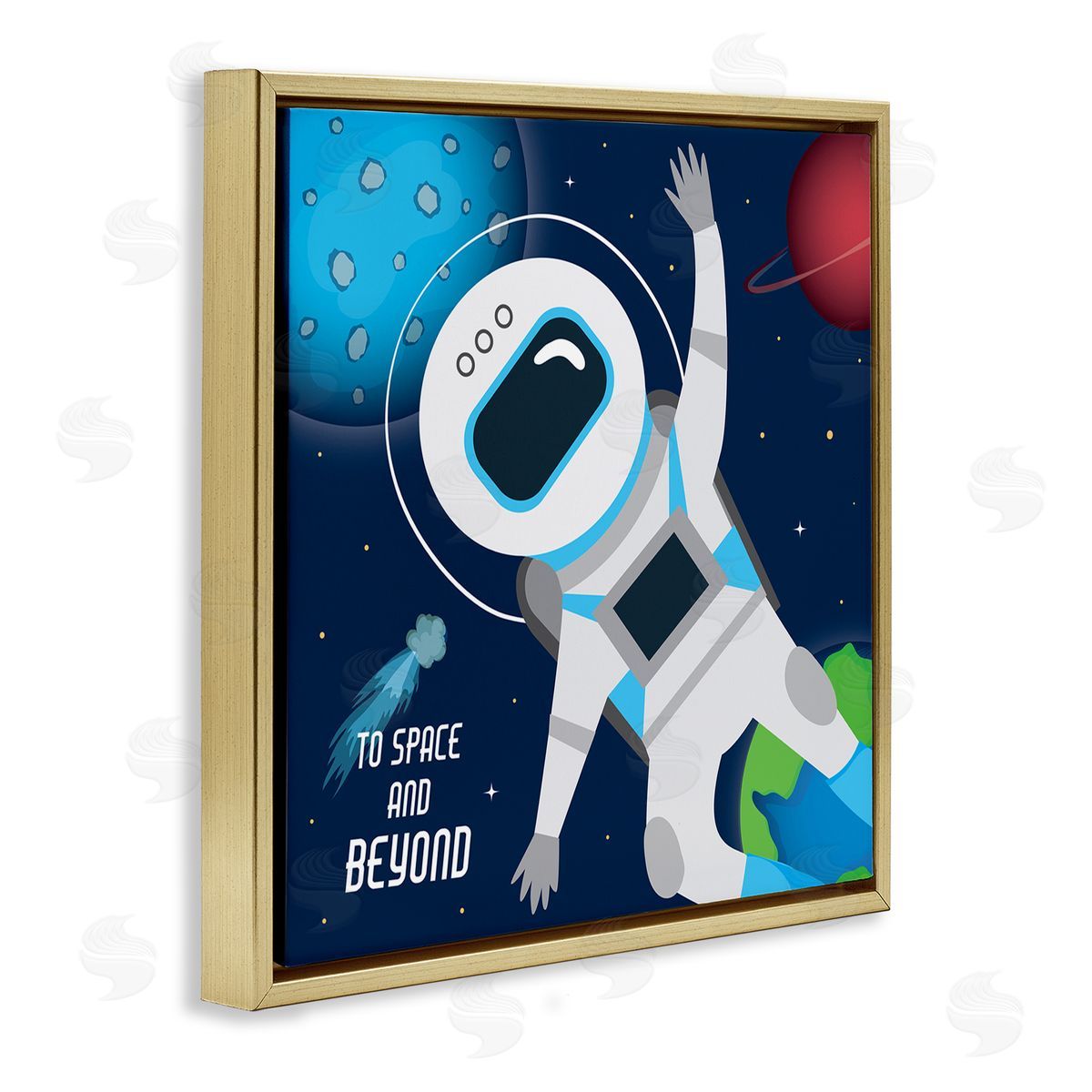 AE Design To Space and Beyond Blue Comet Astronaut Wave Gold Floating Frame Canvas Wall Art Print