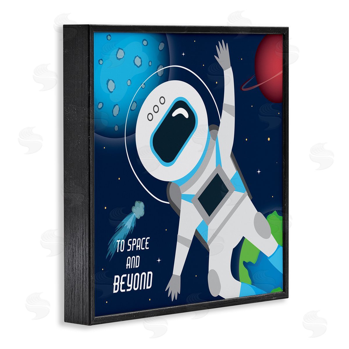AE Design To Space and Beyond Blue Comet Astronaut Wave Black Framed Glicee Wall Art Print