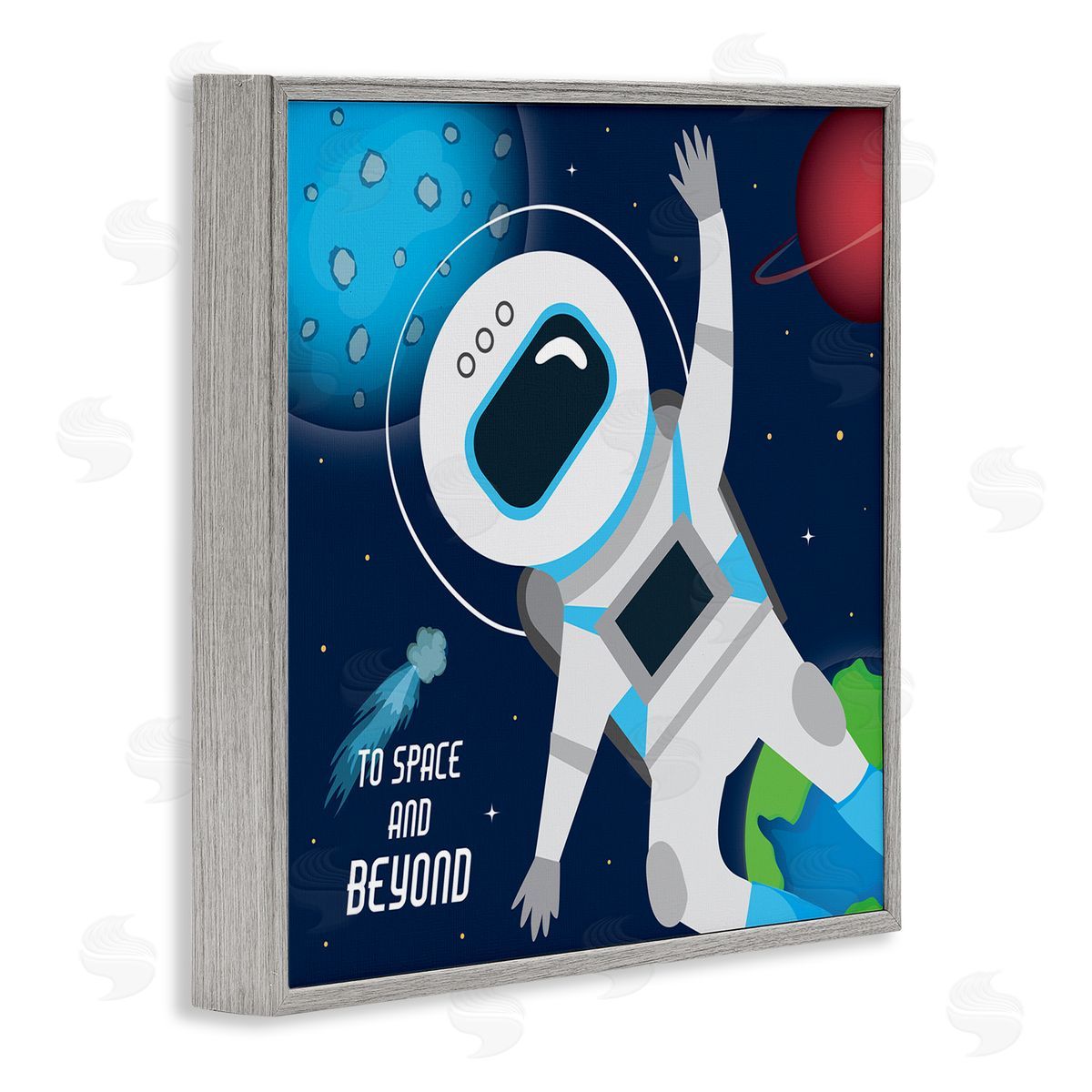AE Design To Space and Beyond Blue Comet Astronaut Wave Gray Framed Glicee Wall Art Print
