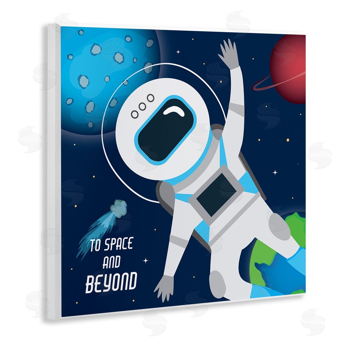 AE Design To Space and Beyond Blue Comet Astronaut Wave Wooden Wall Plaque Art Print