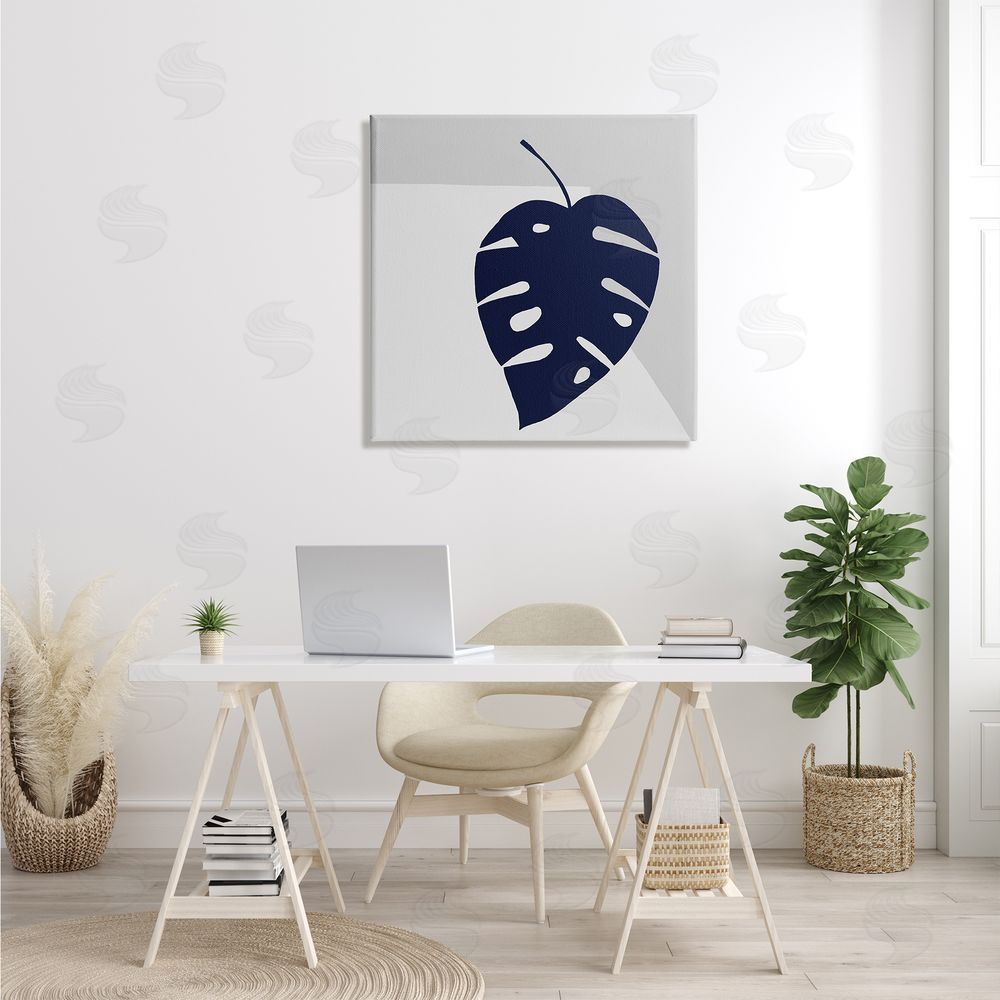 Ruth Fromstein Tropical Monstera Blue Silhouette Sharp Grey Angles Canvas Wall Art in Room