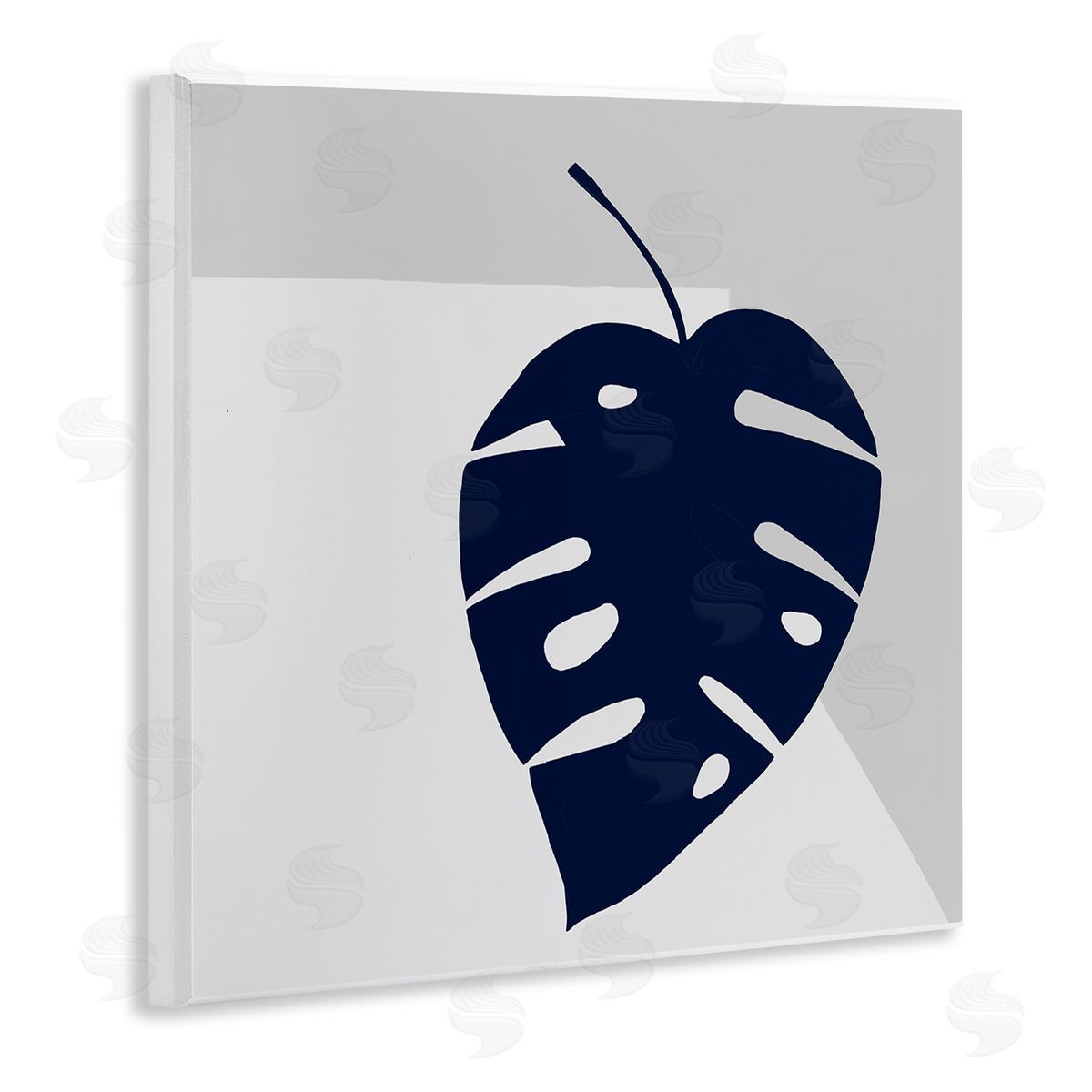 Ruth Fromstein Tropical Monstera Blue Silhouette Sharp Grey Angles Wooden Wall Plaque Art Print
