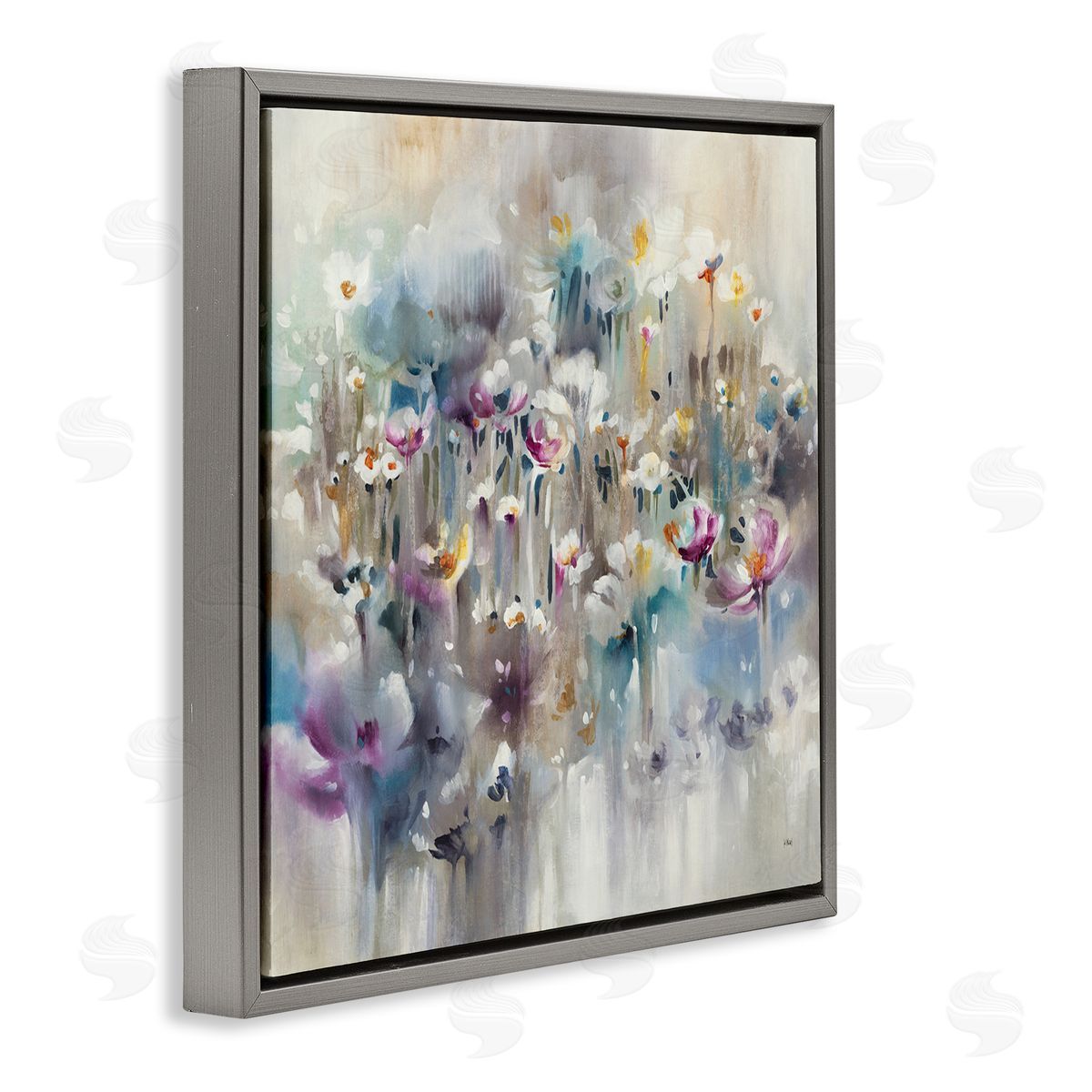 K. Nari Soft Rounded Wild Flowers Abstract Floral Field Gray Floating Frame Canvas Wall Art Print