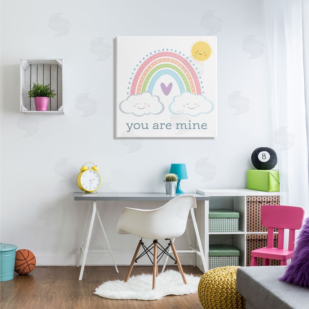 AE Design You Are Mine Expression Smiling Cloud Sun Rainbow Canvas Wall Art in Room
