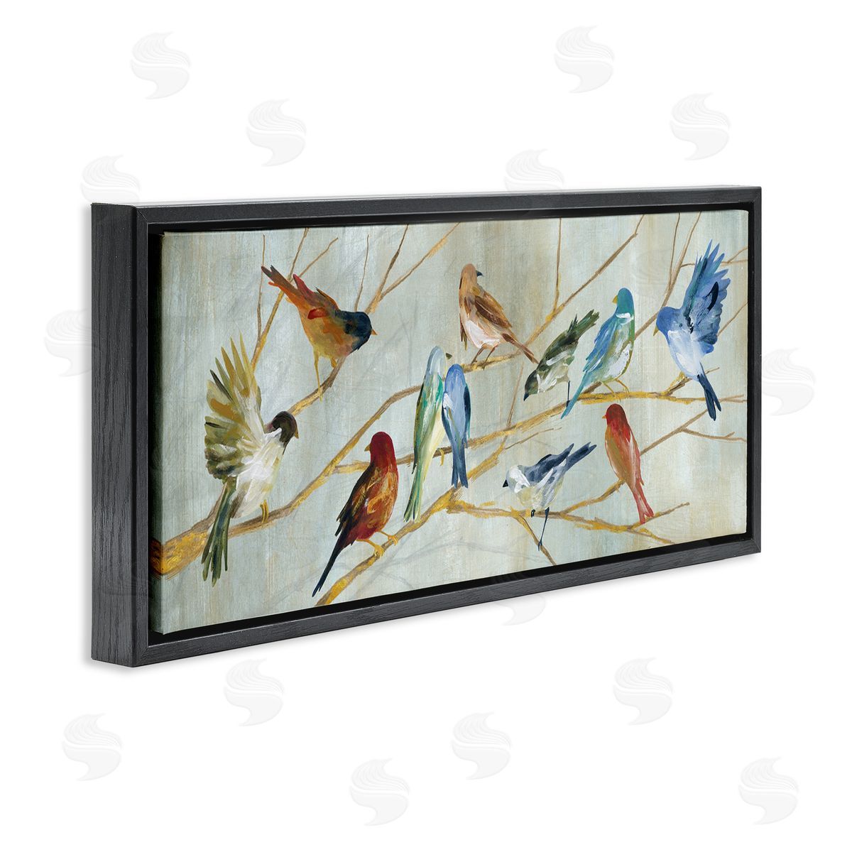 Birds Resting Autumn Branches Black Floating Frame Canvas Wall Art, Home Decor by Carol Robinson