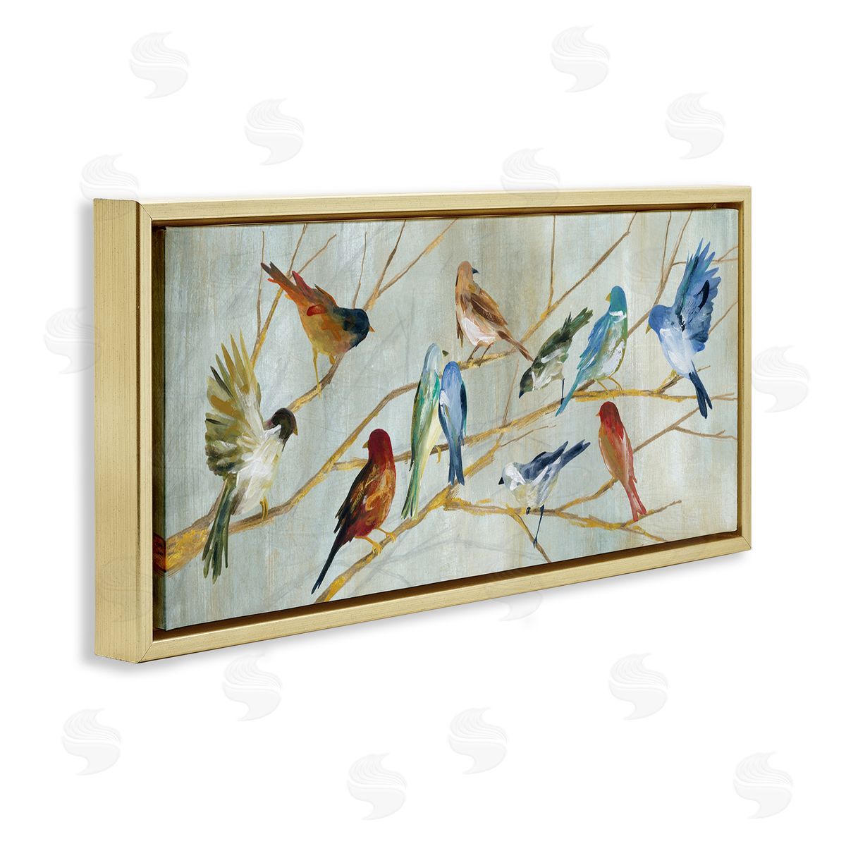 Birds Resting Autumn Branches Gold Floating Frame Canvas Wall Art, Home Decor by Carol Robinson