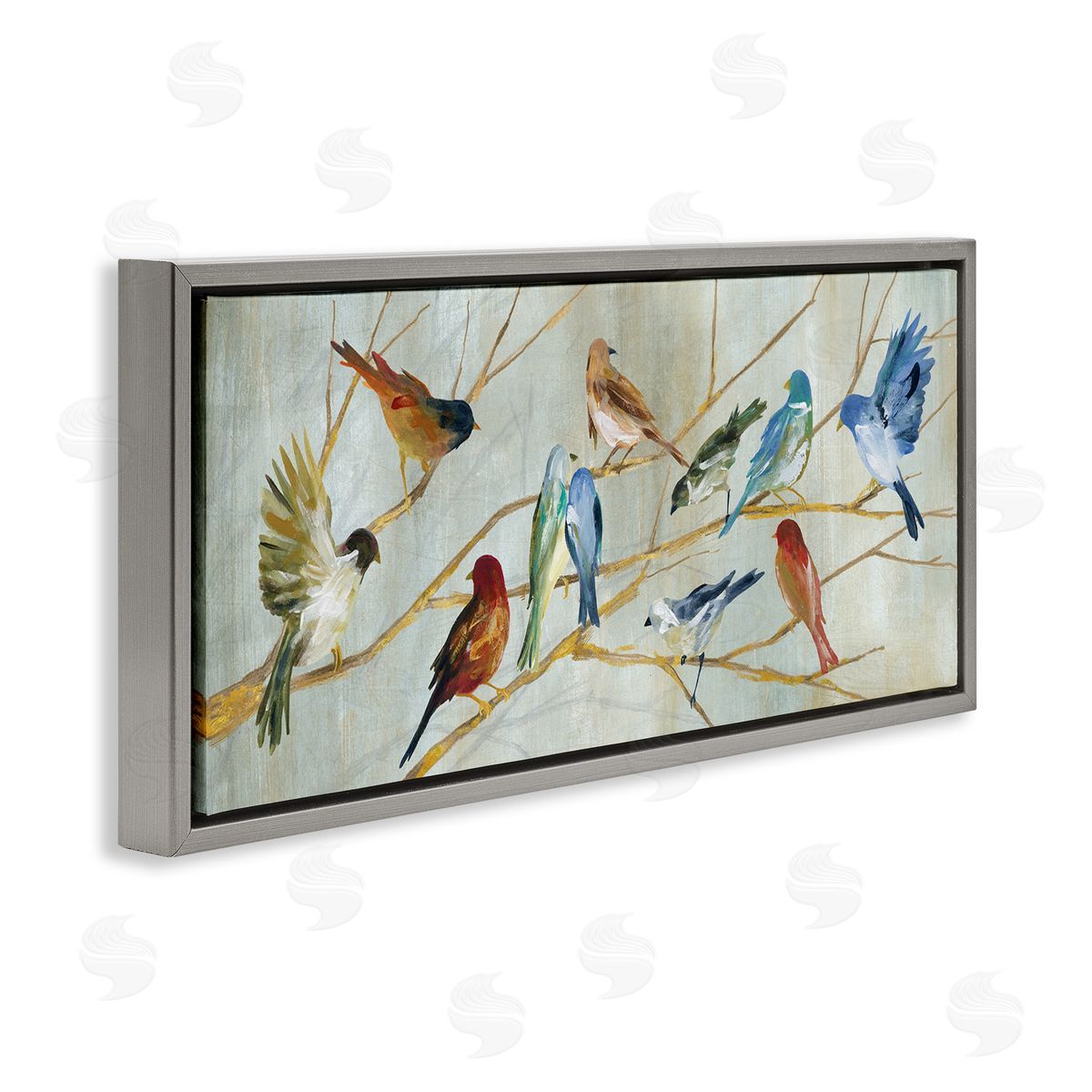 Birds Resting Autumn Branches Grey Floating Frame Canvas Wall Art, Home Decor by Carol Robinson
