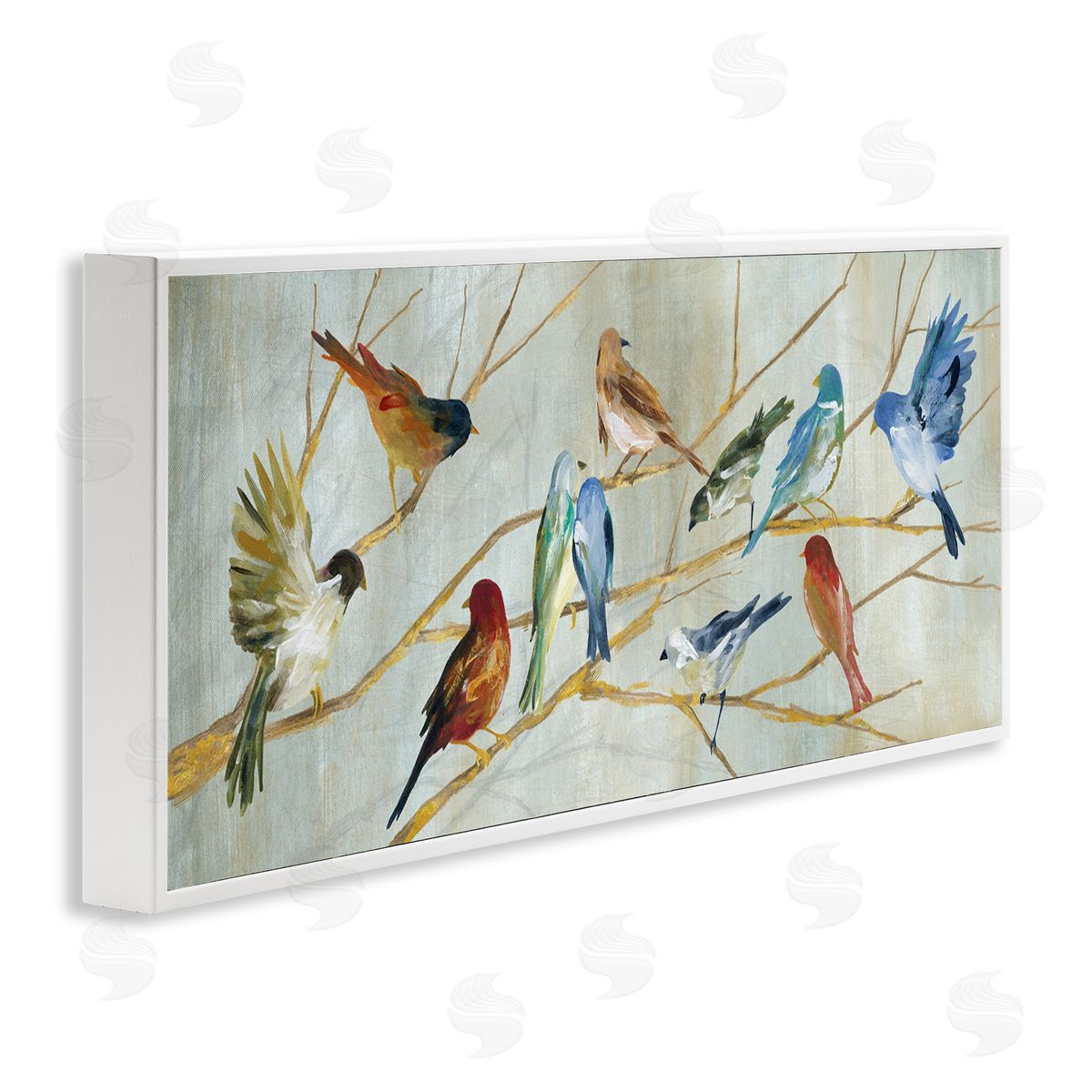 Birds Resting Autumn Branches White Frame Print Wall Art, Home Decor by Carol Robinson