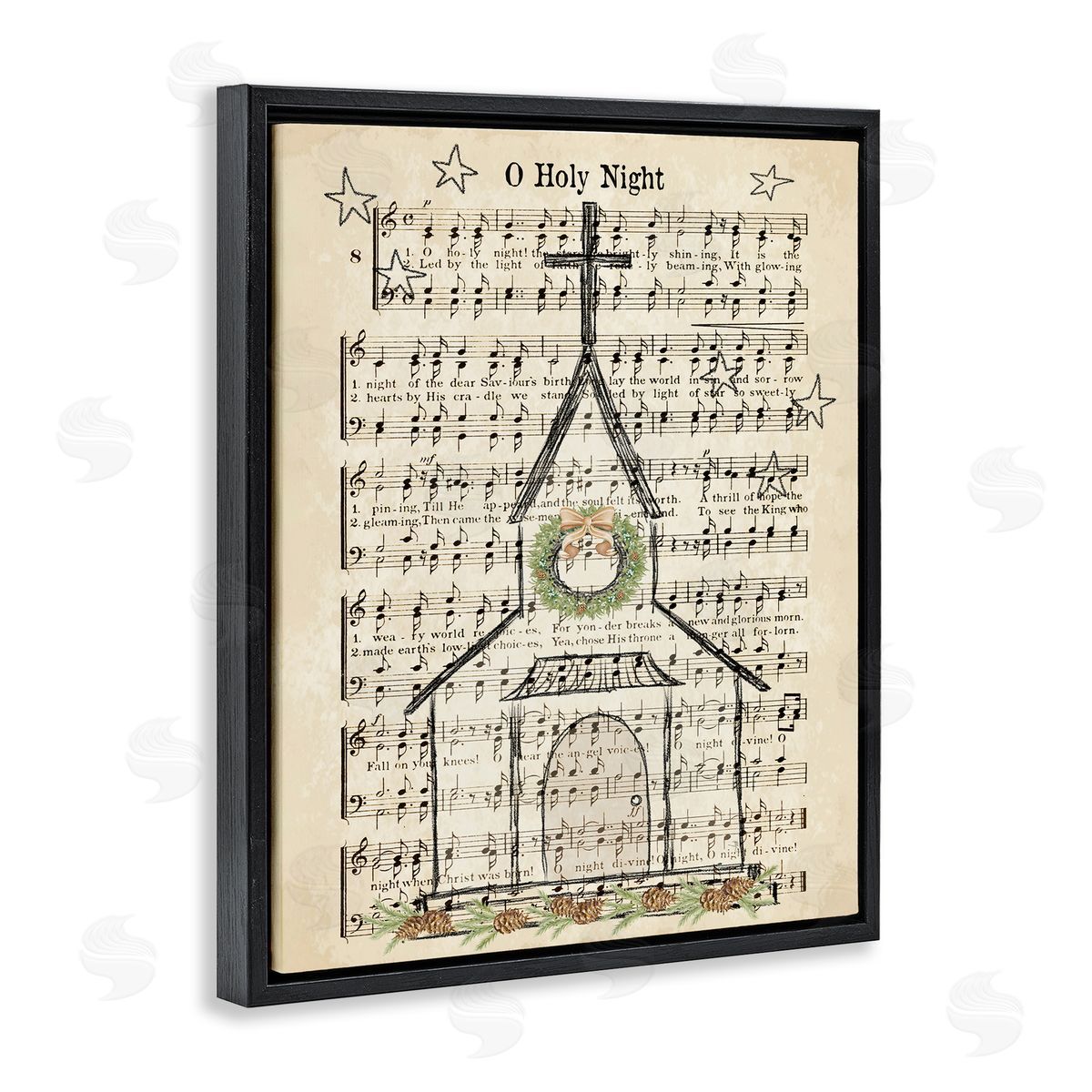Festive Holy Night Musical Script Black Floating Frame Canvas Wall Art, Home Decor by Andi Metz