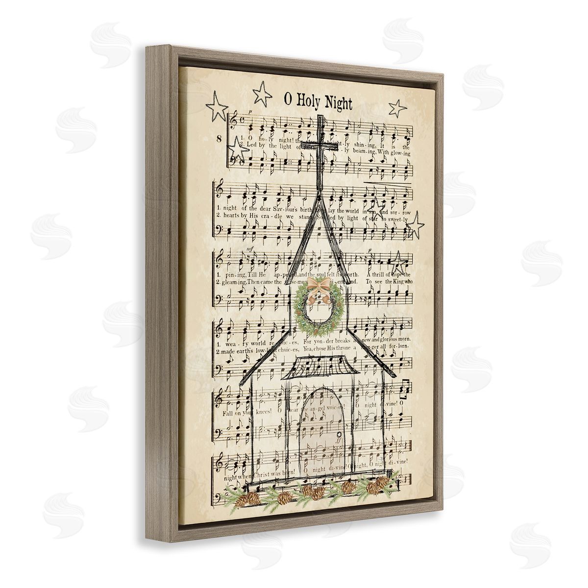 Festive Holy Night Musical Script Brown Floating Frame Canvas Wall Art, Home Decor by Andi Metz