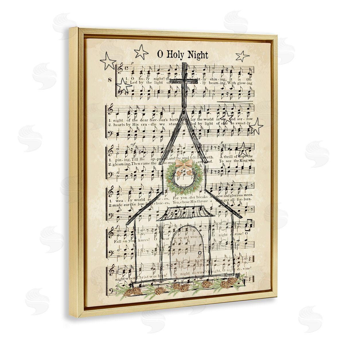 Festive Holy Night Musical Script Gold Floating Frame Canvas Wall Art, Home Decor by Andi Metz
