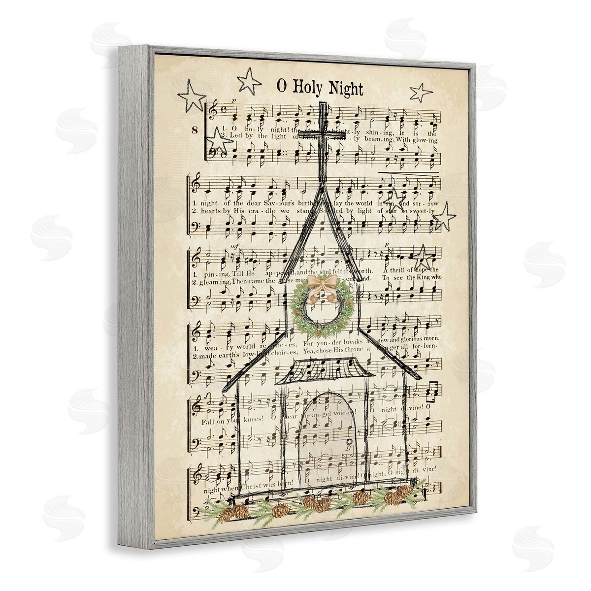 Festive Holy Night Musical Script Grey Frame Print Wall Art, Home Decor by Andi Metz