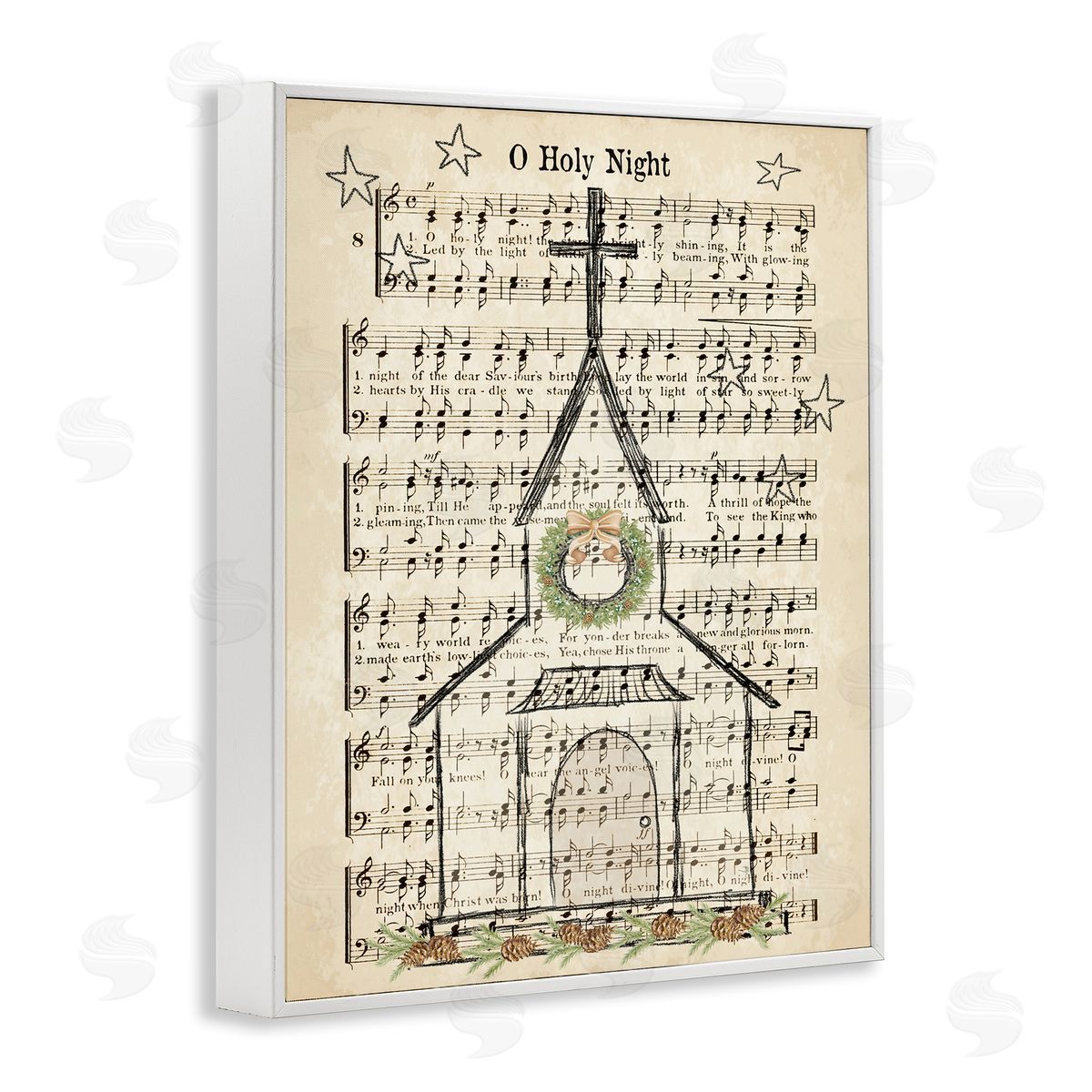 Festive Holy Night Musical Script White Frame Print Wall Art, Home Decor by Andi Metz