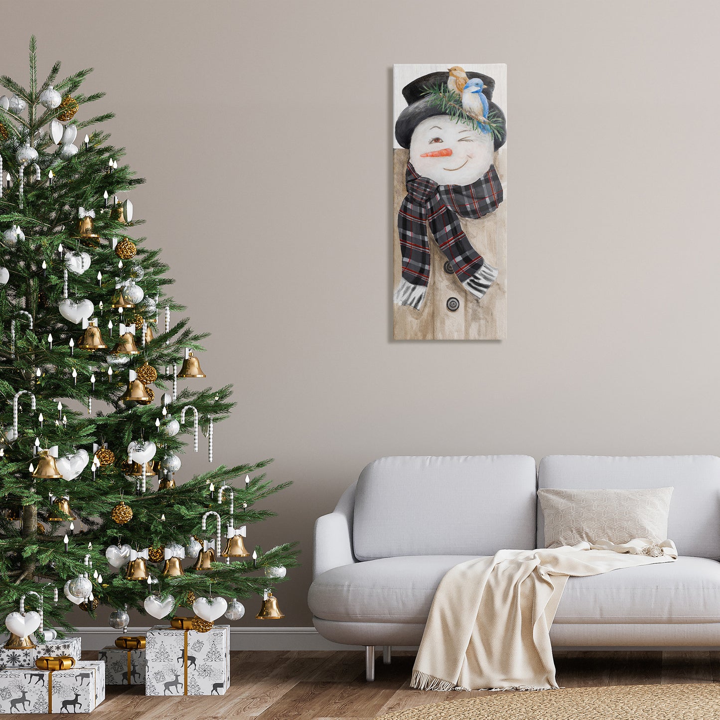 Rustic Winter Snowman Wink Canvas Wall Art in Room, Home Decor by Lanie Loreth