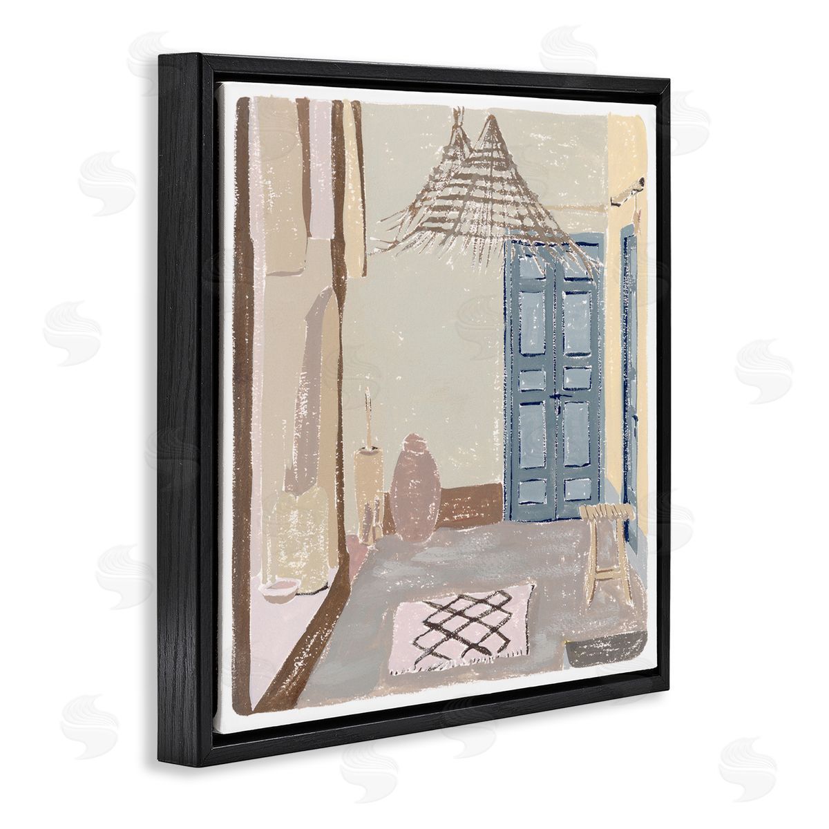 Melissa Wang European Lounge Interior Soft Coastal City Room Black Floating Frame Canvas Wall Art Print