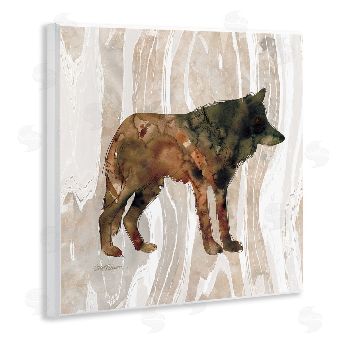 Carol Robinson Woodland Wolf Watercolor Silhouette Rustic Grain Pattern Wooden Wall Plaque Art Print