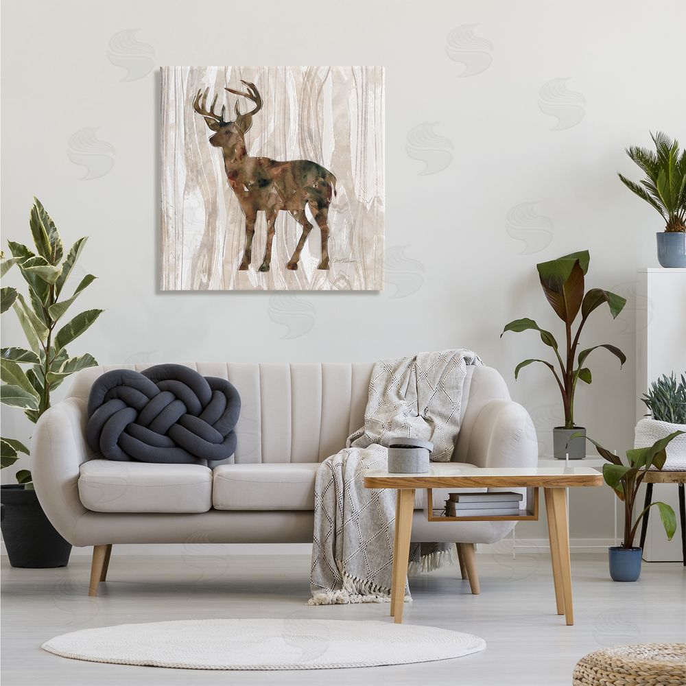 Carol Robinson Wilderness Buck Watercolor Silhouette Rustic Grain Pattern Canvas Wall Art in Room