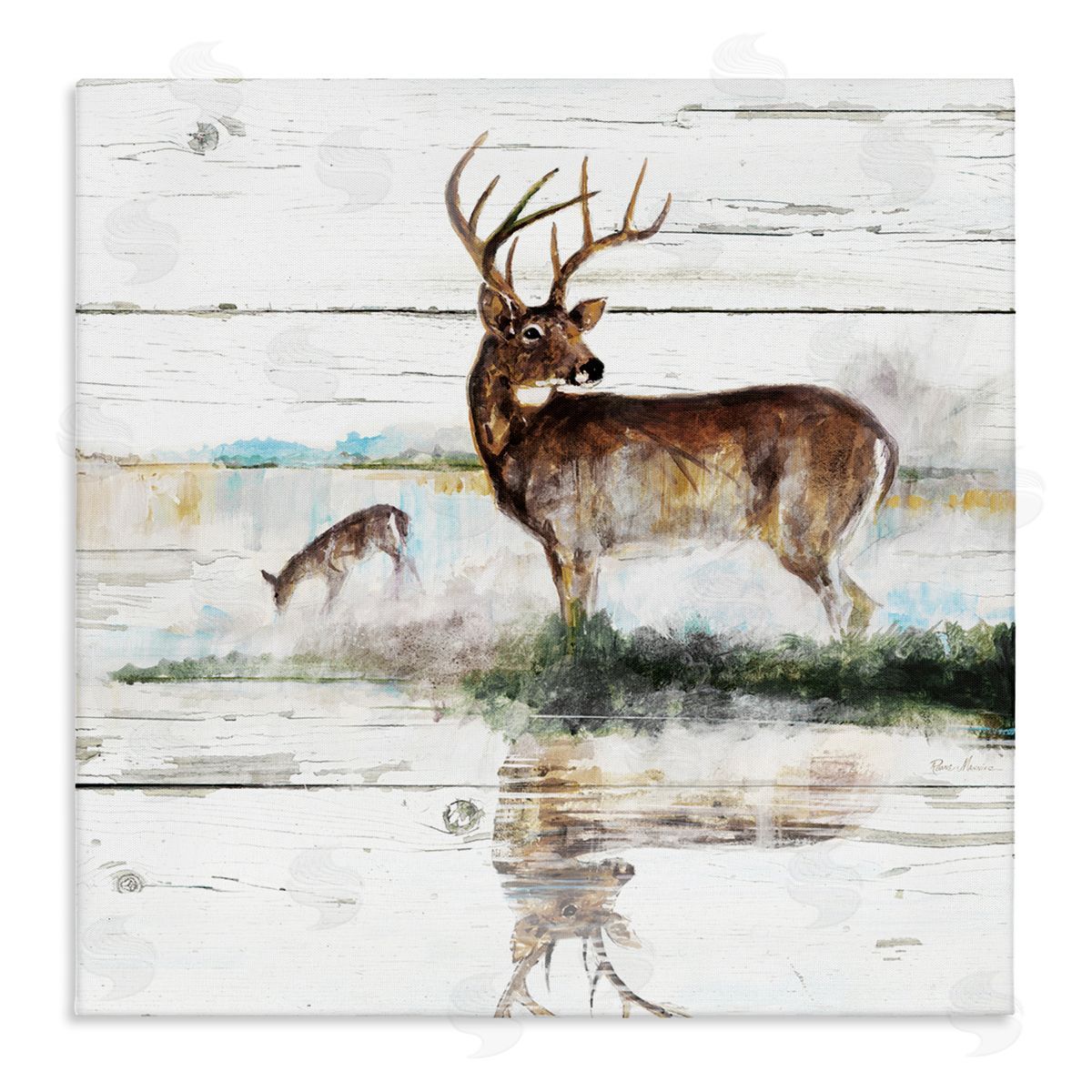 Ruane Manning Wild Buck Deer Watering Hole Forest Animal Reflection Stretched Canvas Wall Art Print