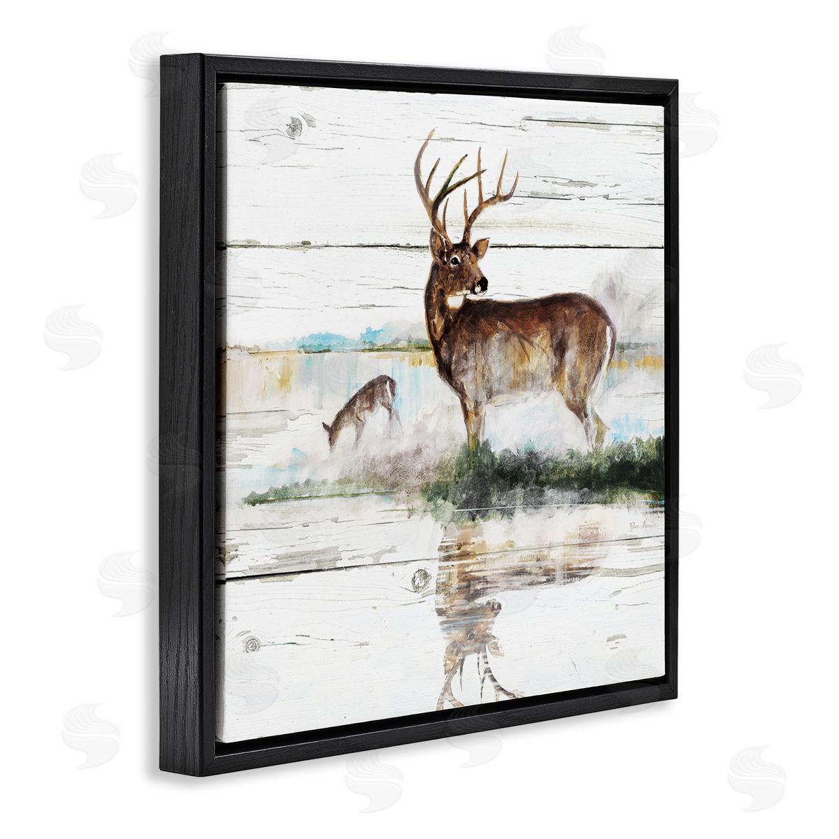 Ruane Manning Wild Buck Deer Watering Hole Forest Animal Reflection Black Floating Frame Canvas Wall Art Print