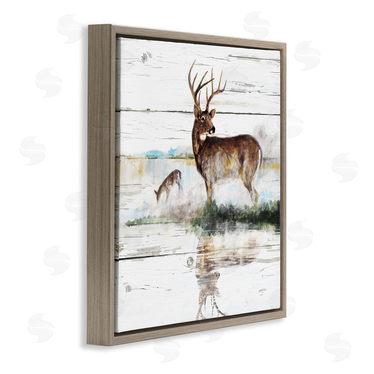 Ruane Manning Wild Buck Deer Watering Hole Forest Animal Reflection Brown Floating Frame Canvas Wall Art Print