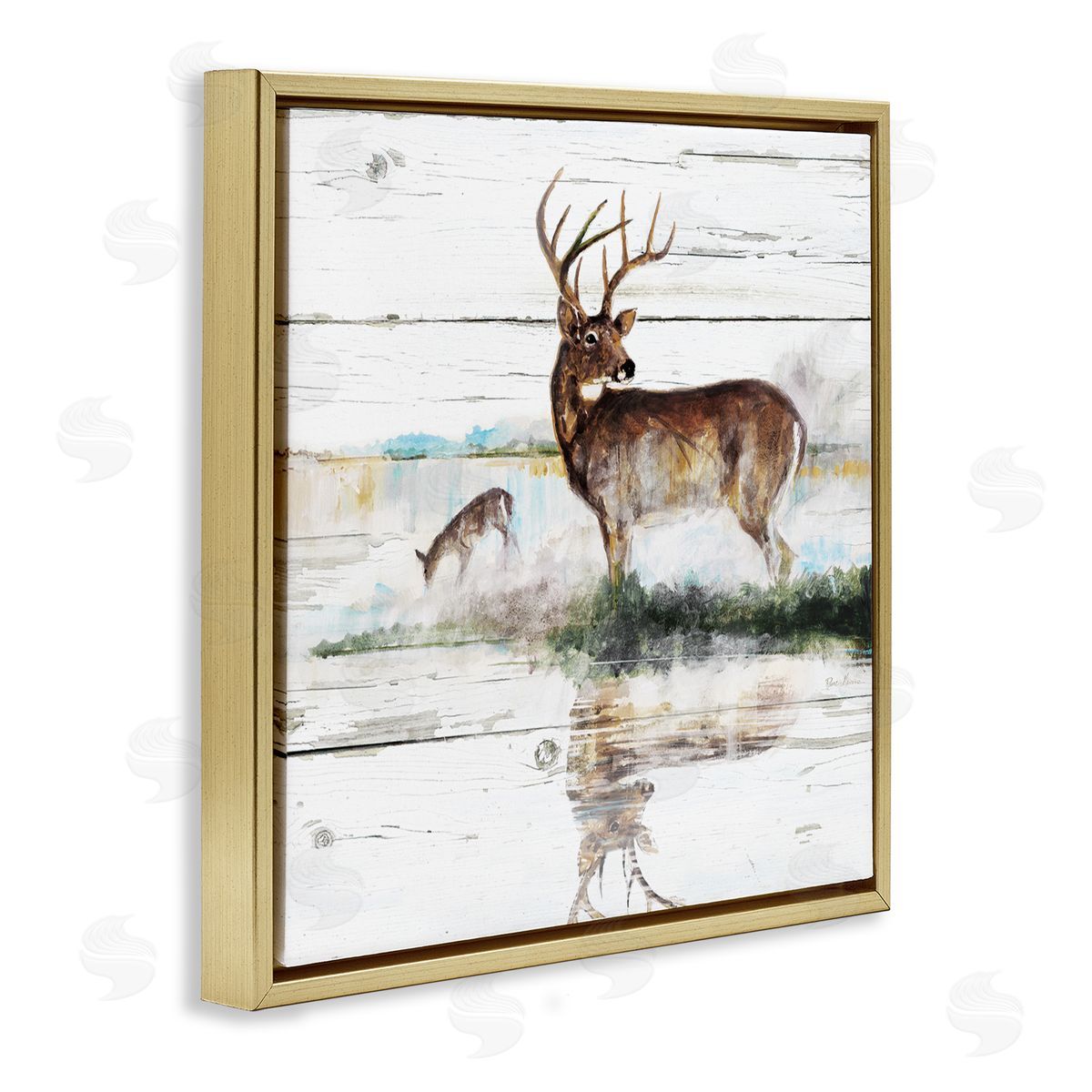Ruane Manning Wild Buck Deer Watering Hole Forest Animal Reflection Gold Floating Frame Canvas Wall Art Print