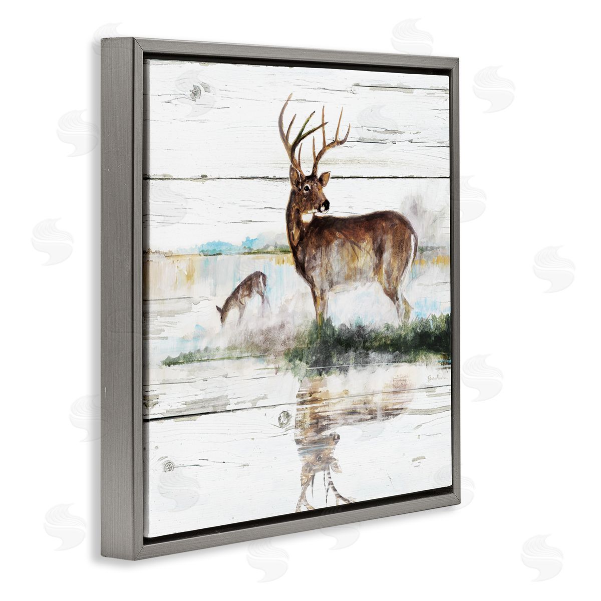Ruane Manning Wild Buck Deer Watering Hole Forest Animal Reflection Gray Floating Frame Canvas Wall Art Print