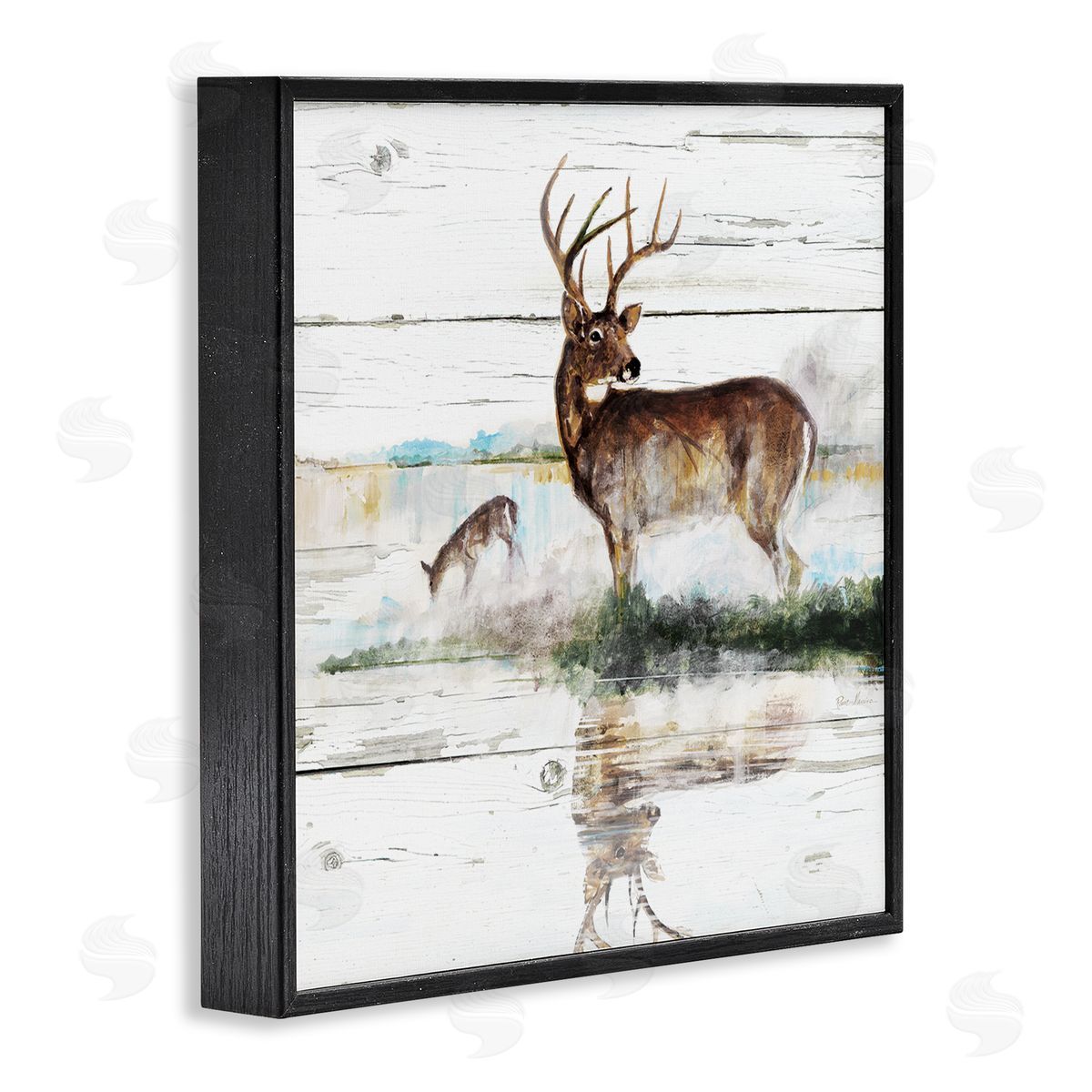 Ruane Manning Wild Buck Deer Watering Hole Forest Animal Reflection Black Framed Glicee Wall Art Print